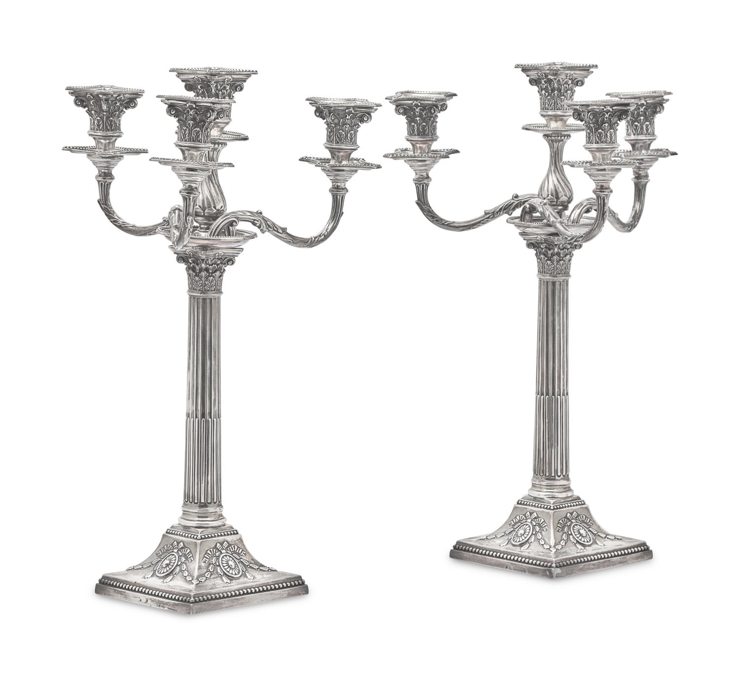 A Pair of Victorian Weighted Sterling Silver Four-Light Candlesticks, James Kebberling Bembridge for Hawksworth, Eyre, & Co., Ltd., Sheffield, 1882