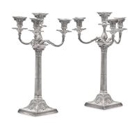 A Pair of Victorian Weighted Sterling Silver Four-Light Candlesticks, James Kebberling Bembridge for Hawksworth, Eyre, & Co., Ltd., Sheffield, 1882