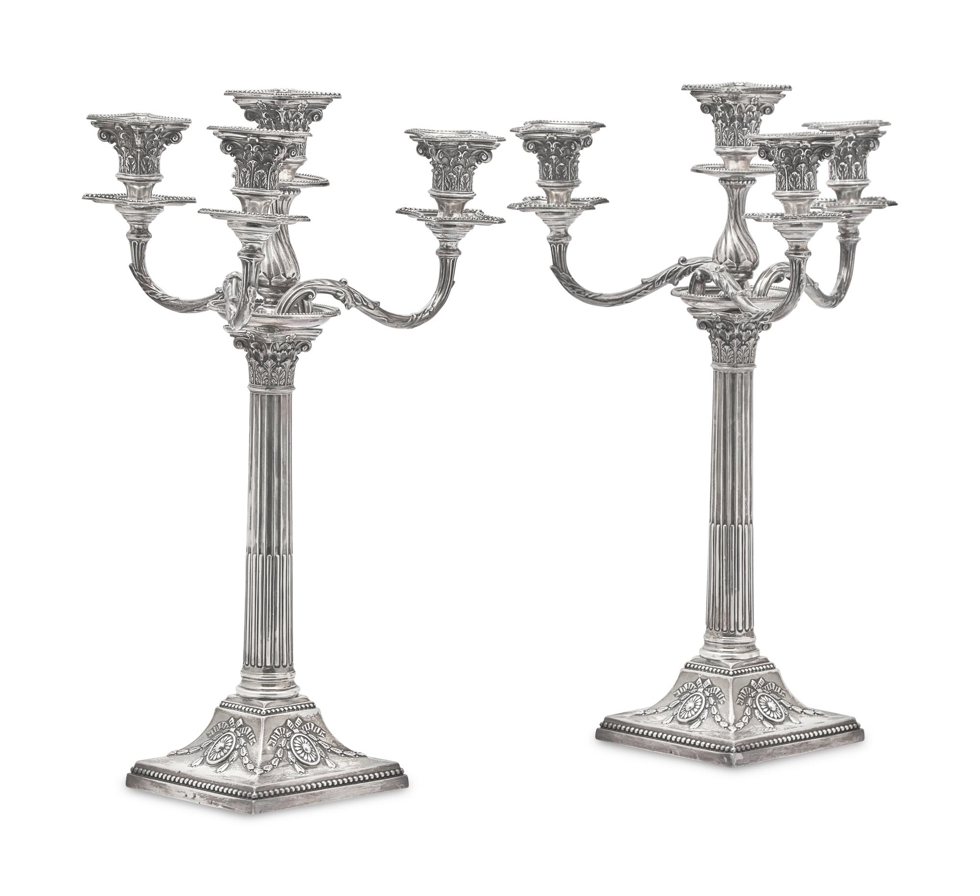 A Pair of Victorian Weighted Sterling Silver Four-Light Candlesticks, James Kebberling Bembridge for Hawksworth, Eyre, & Co., Ltd., Sheffield, 1882