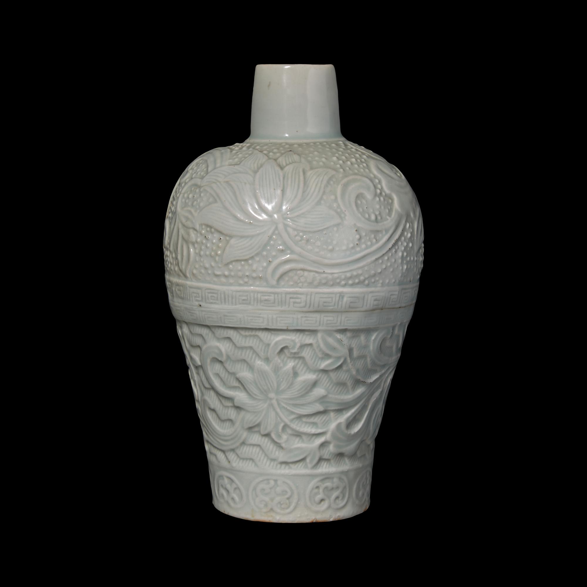 A Chinese Molded Qingbai Style Vase, Meiping 青白釉刻蓮紋梅瓶