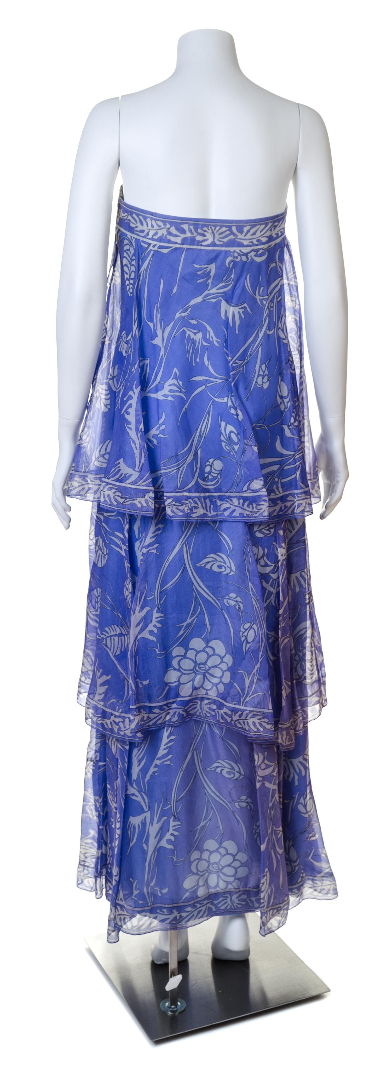An Emilio Pucci Purple Print Silk Strapless Gown, Size 10; Wrap: 68" x 34".