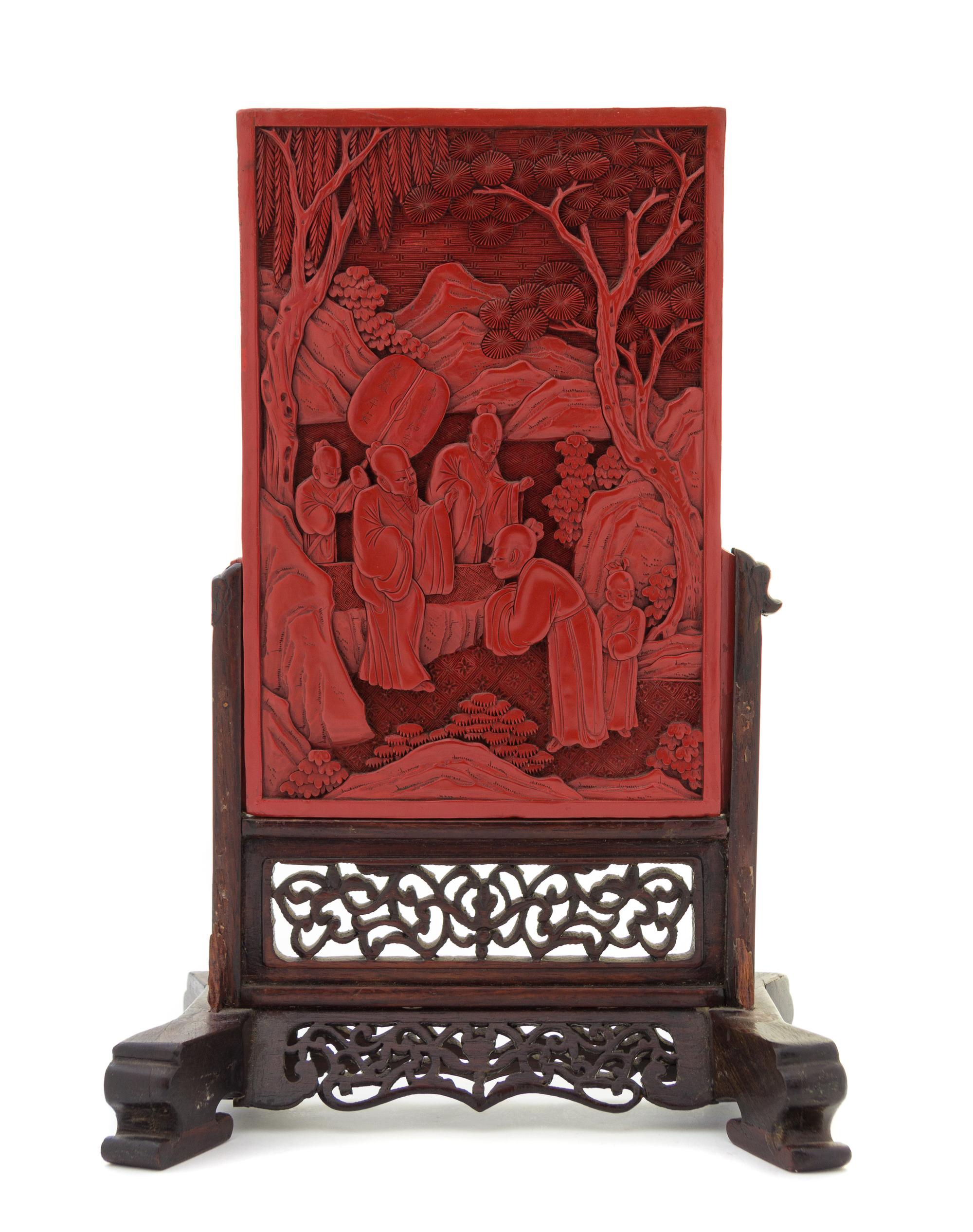 A Cinnabar Lacquer Plaque Height overall 12 1/2 inches.