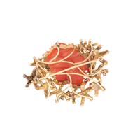 YELLOW GOLD, CORAL AND DIAMOND FLOWER BROOCH