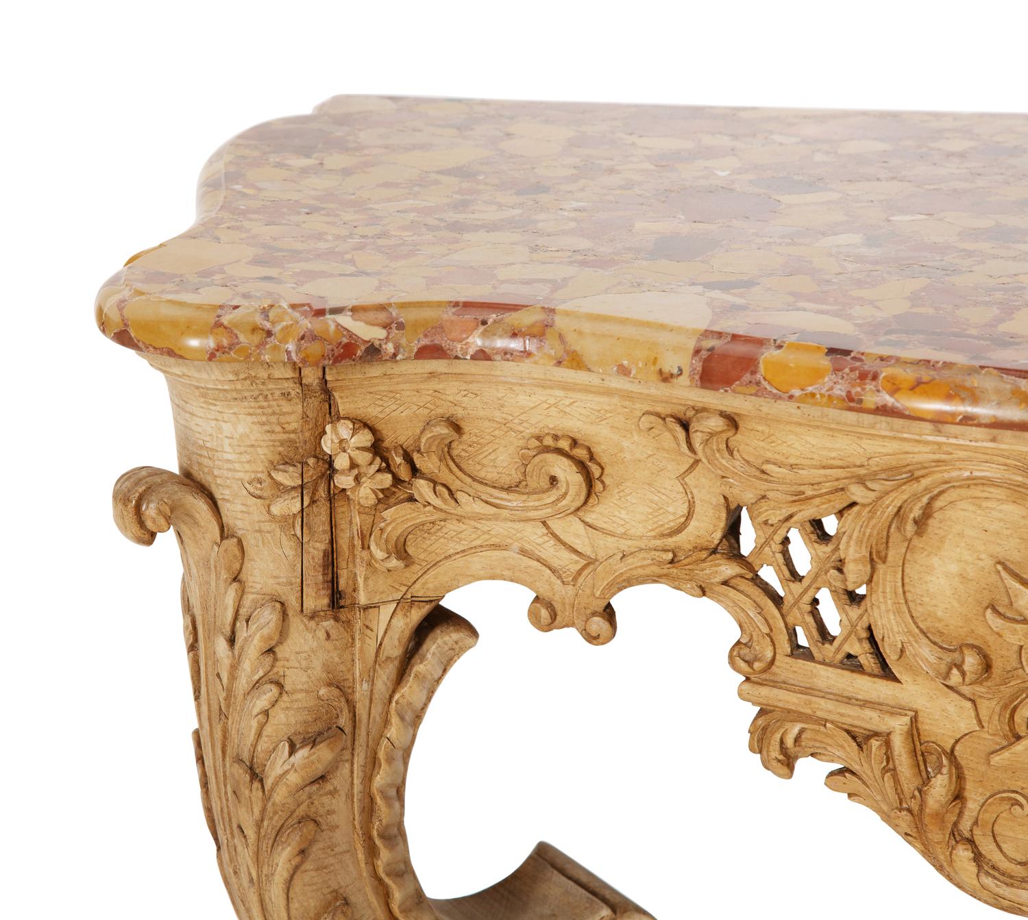 A Pair of Régence Carved Beechwood Marble-Top Console Tables