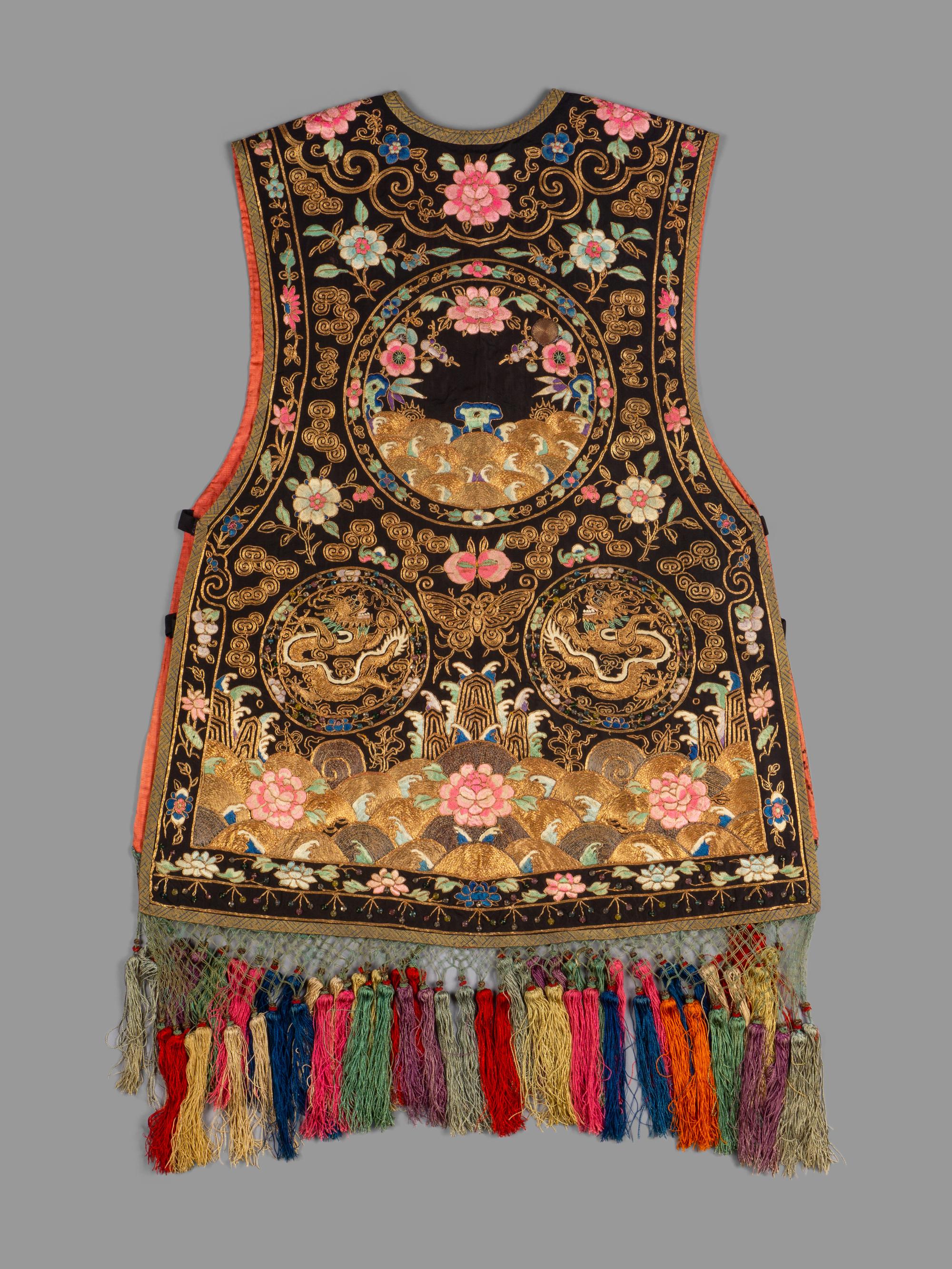 A Chinese Black Ground Embroidered Silk Lady's Vest, Xiapei