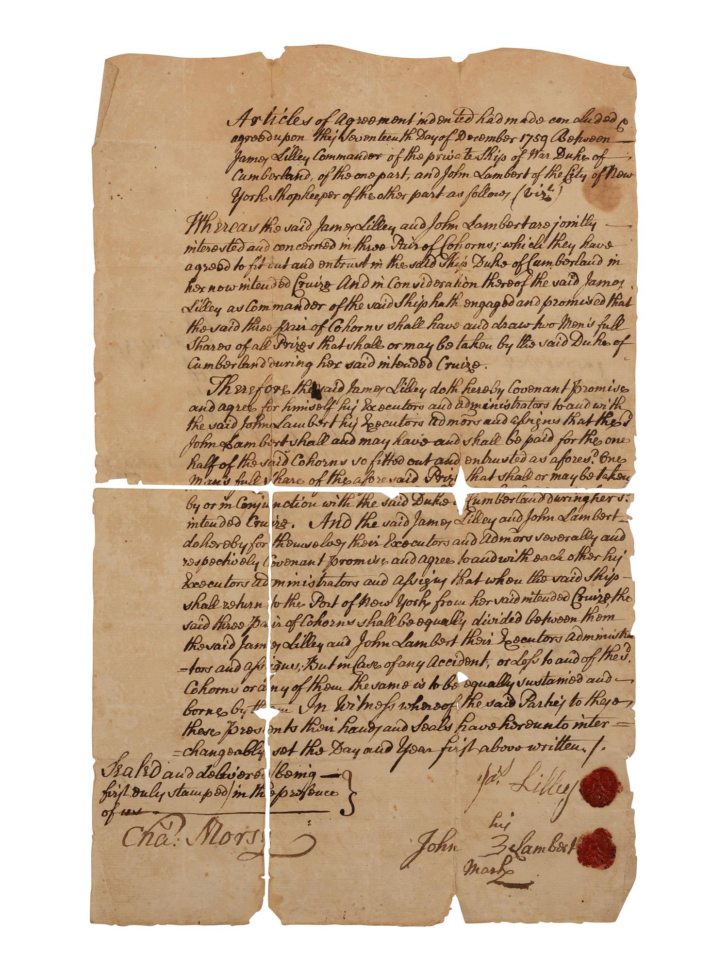 [FRENCH & INDIAN WAR] -- [PRIVATEERS]. A group of 5 documents associated with New York Privateer Captain James Lilley and the British ship he commanded during the French and Indian War, the Duke of Cumberland .