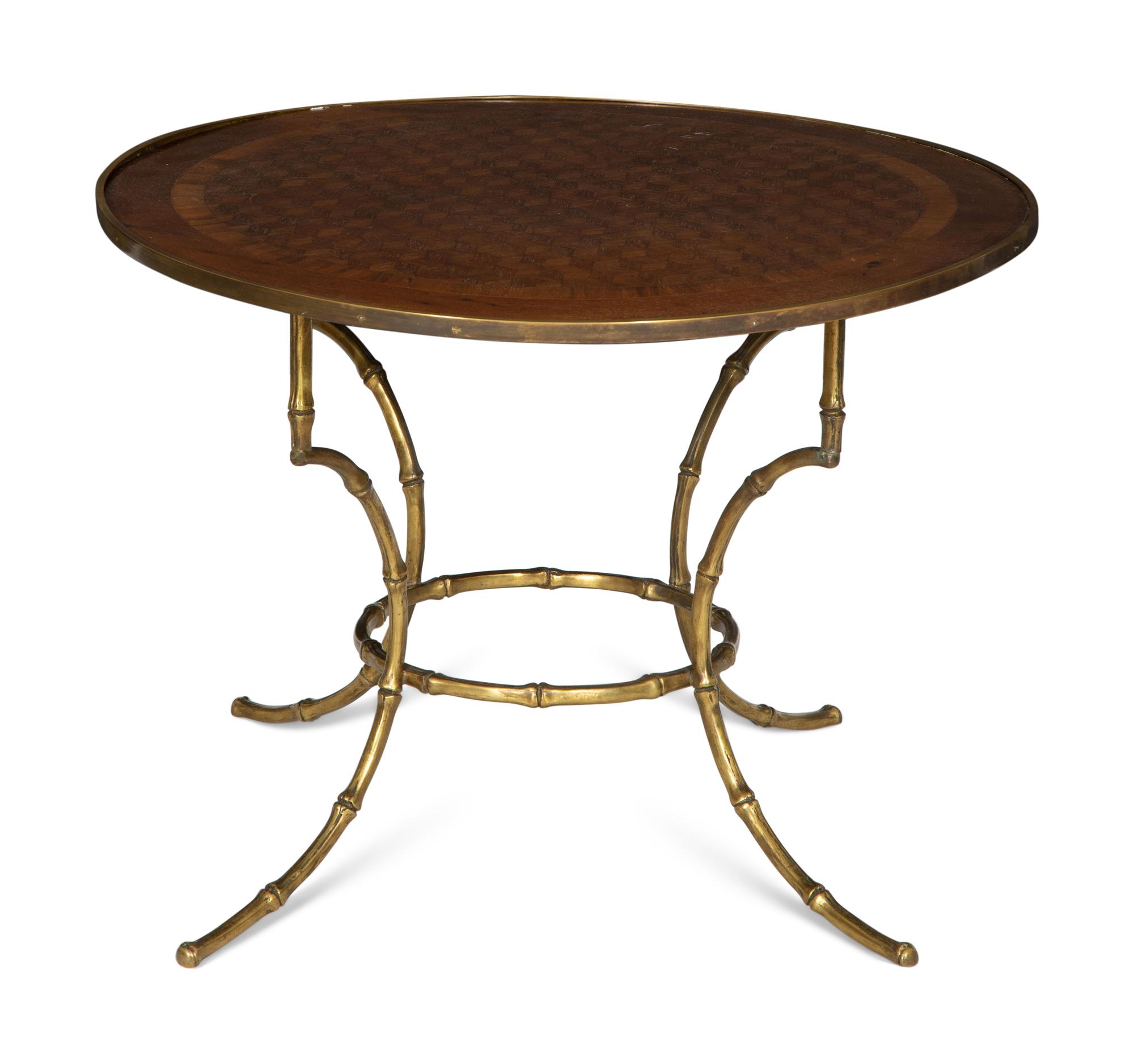 A Brass Bound Parquetry Inlaid Occasional Table with Cast Brass Bamboo Styled Base