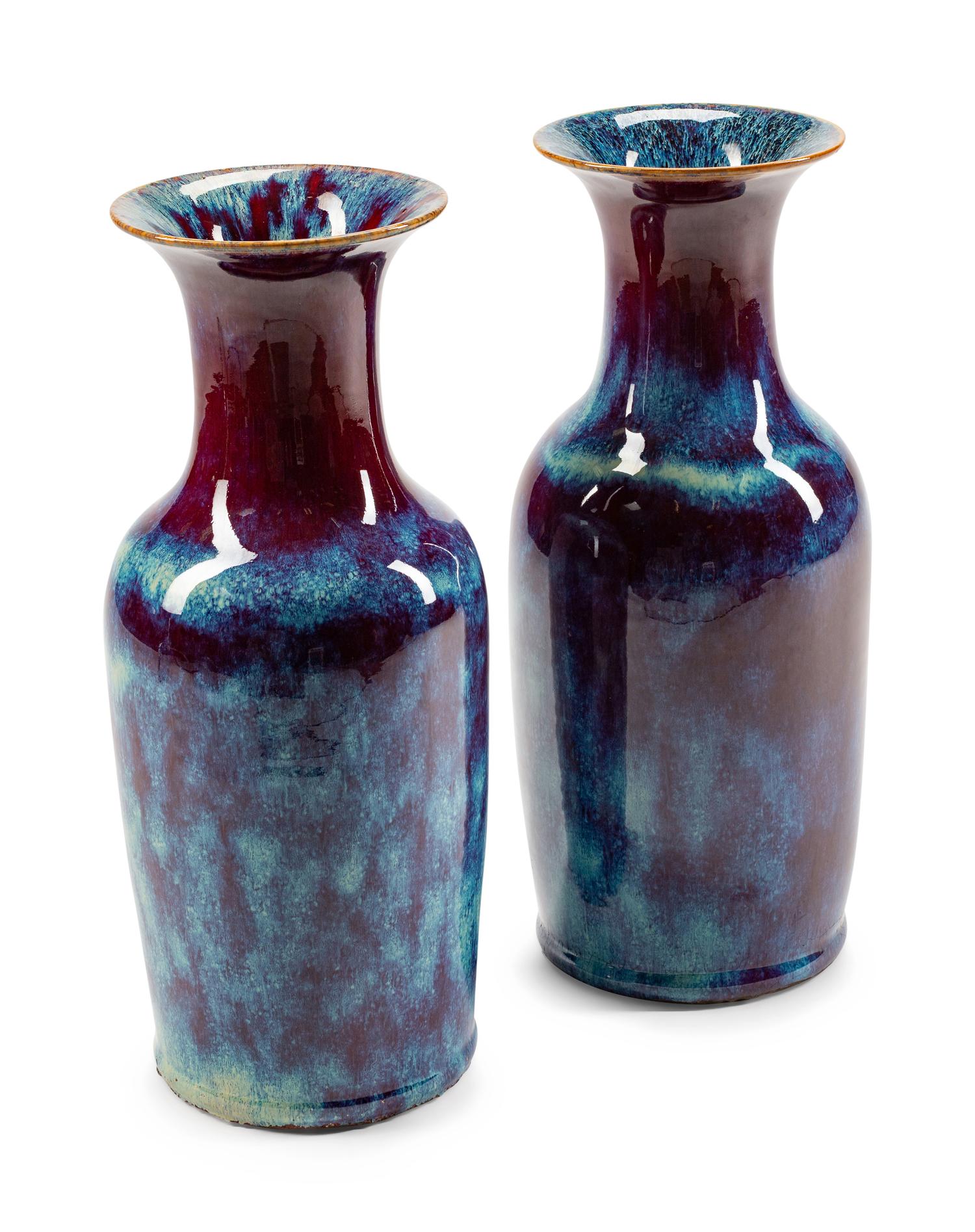 A Pair of Chinese Flambe-Glazed Porcelain Baluster-Form Vases