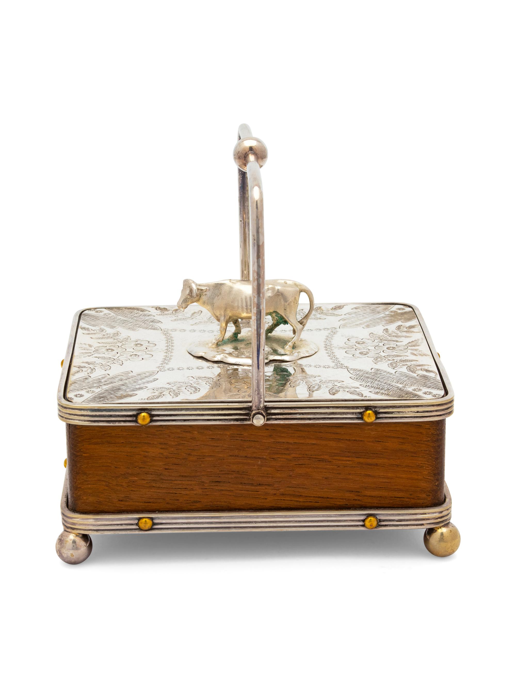 An English Silver Plate Mounted Oak Butter Server