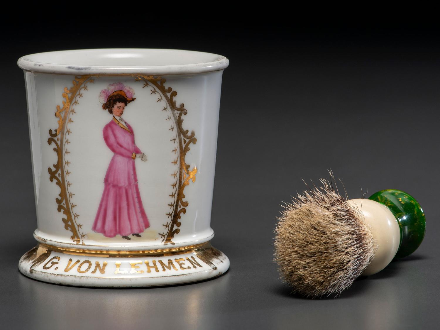 A Porcelain Shaving Mug Depicting a Fashionable Lady