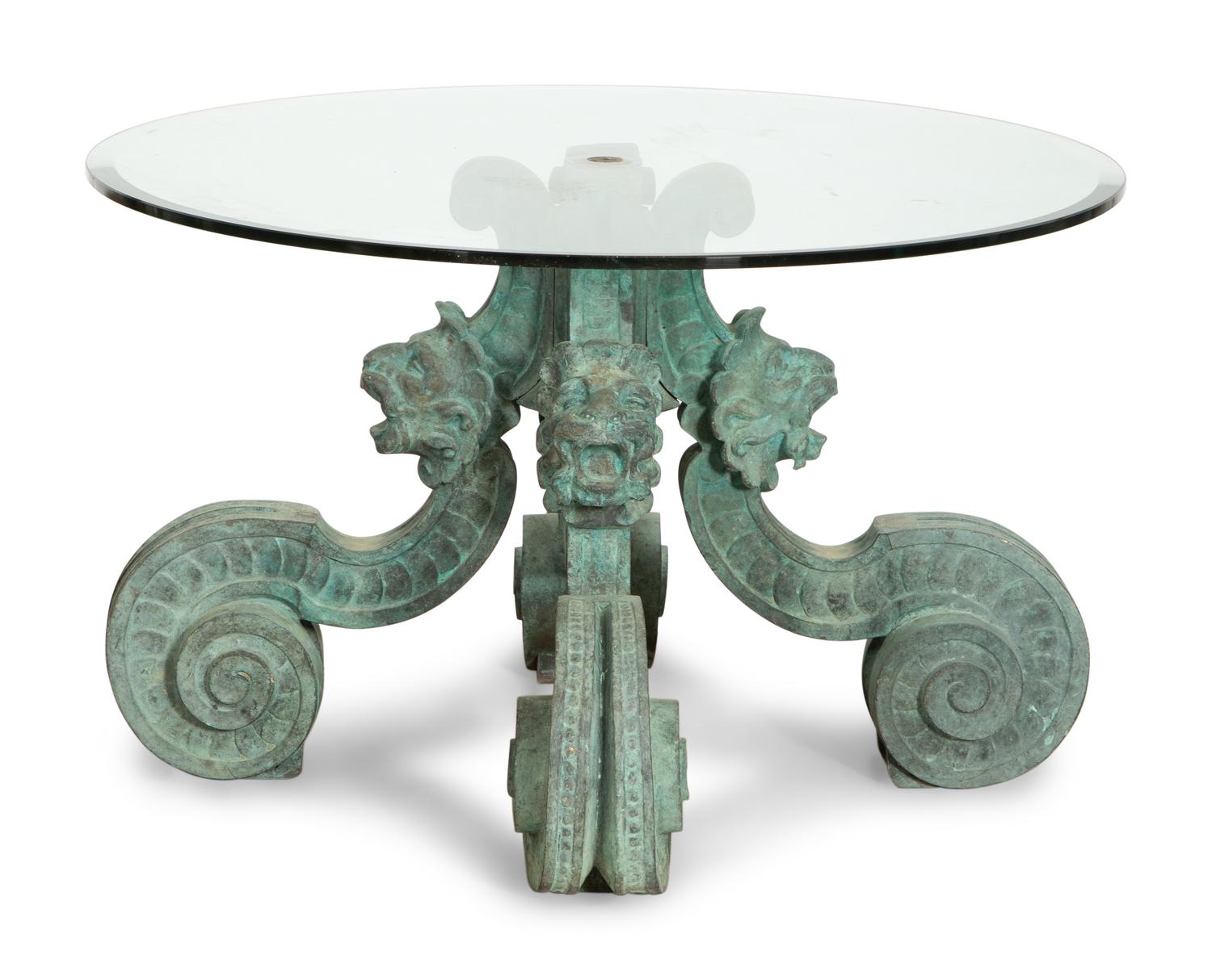 A Green Patinated Bronze Low Table with Glass Top