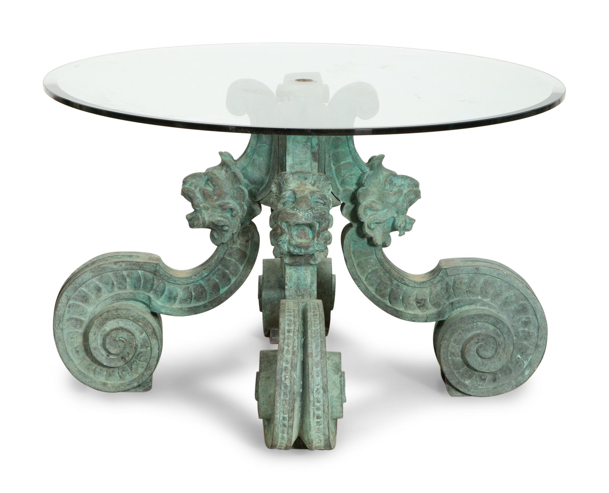 A Green Patinated Bronze Low Table with Glass Top