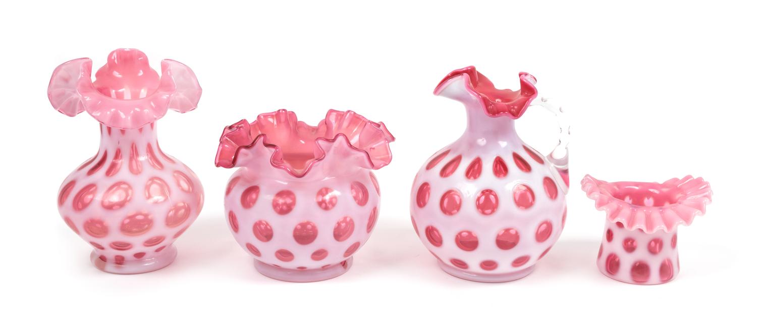 Four Cranberry Glass Coin Dot Articles Height of tallest 6 7/8 inches