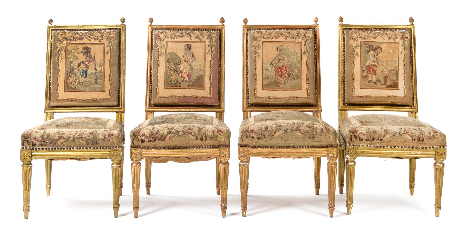 A Set of Four Louis XVI Giltwood Side Chairs Height 36 1/2 inches. — LATE 18TH CENTURY
