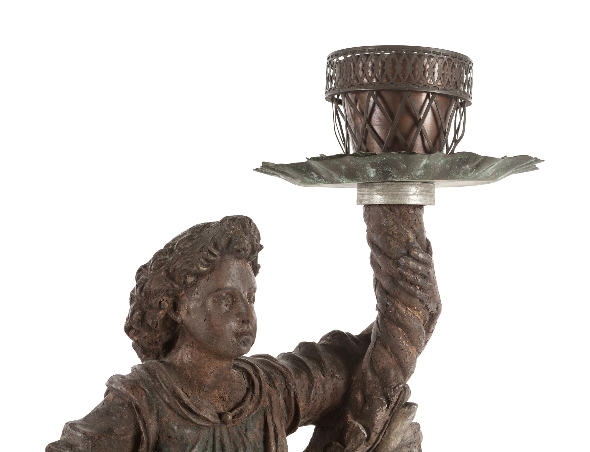 Two Neapolitan Carved and Painted Figural Pricket Sticks