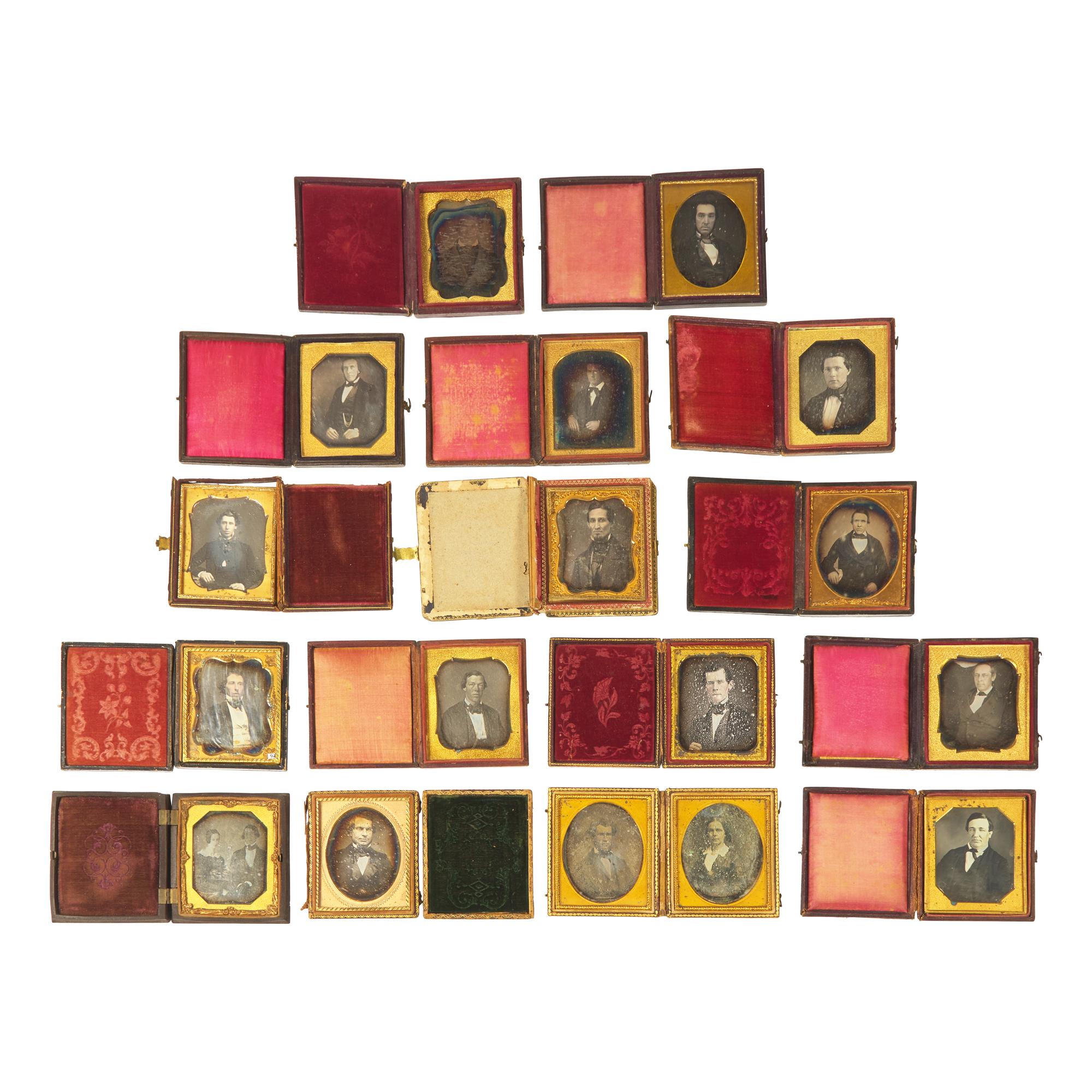[Early Photography] Group of 34 Sixth Plate Daguerreotypes of Men and Women