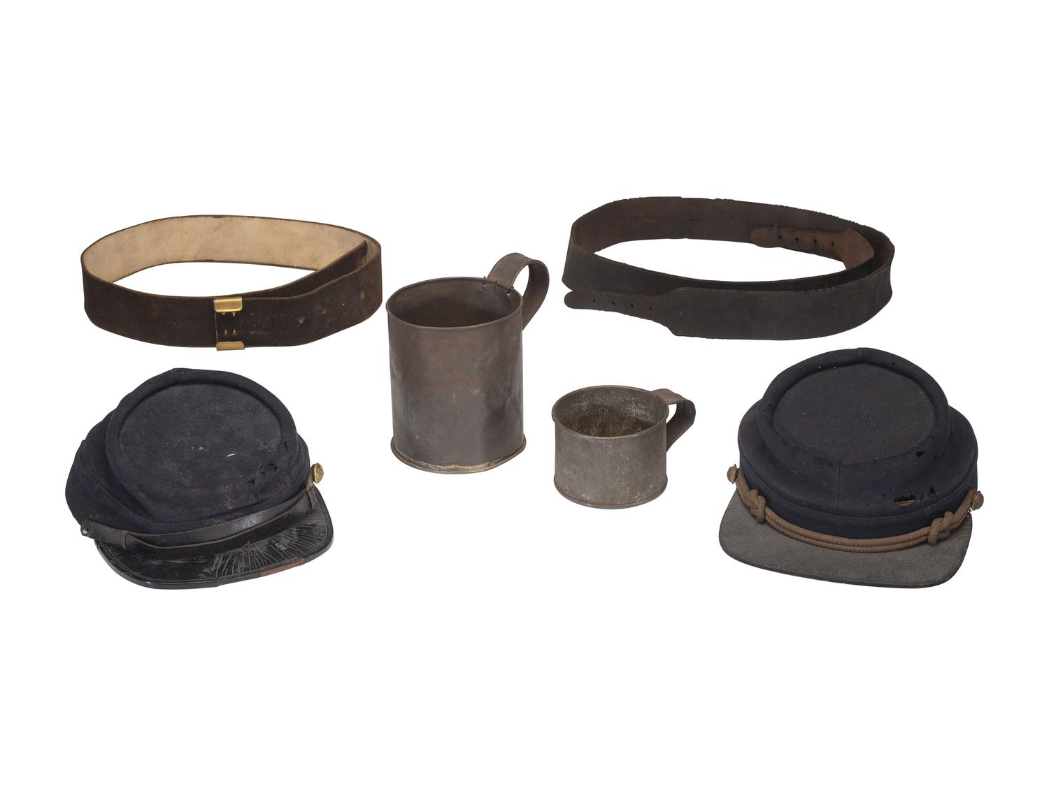 [CIVIL WAR - LATE INDIAN WARS]. 5 items, incl. pattern 1864 leather belt and kepis.