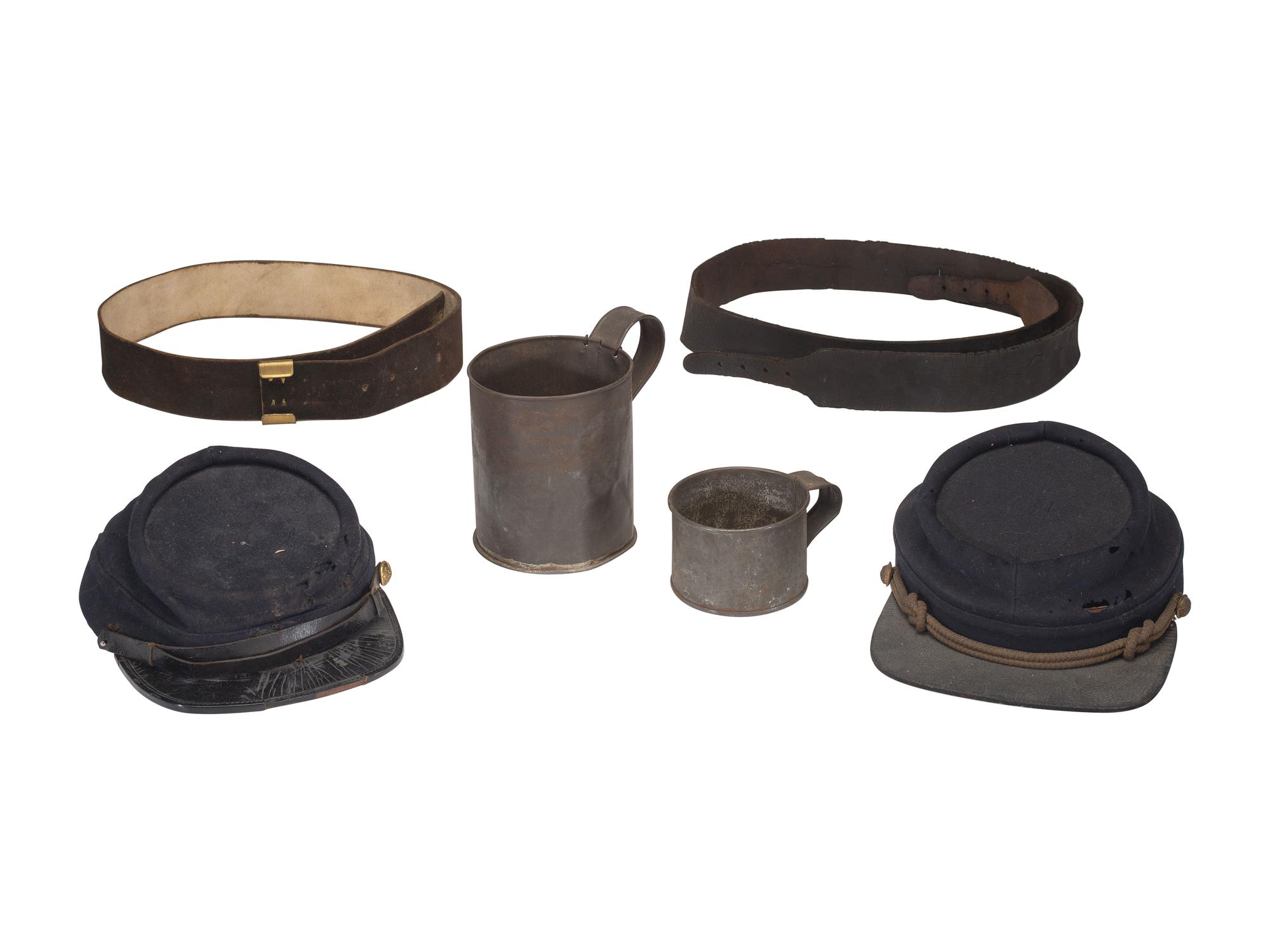 [CIVIL WAR - LATE INDIAN WARS]. 5 items, incl. pattern 1864 leather belt and kepis.