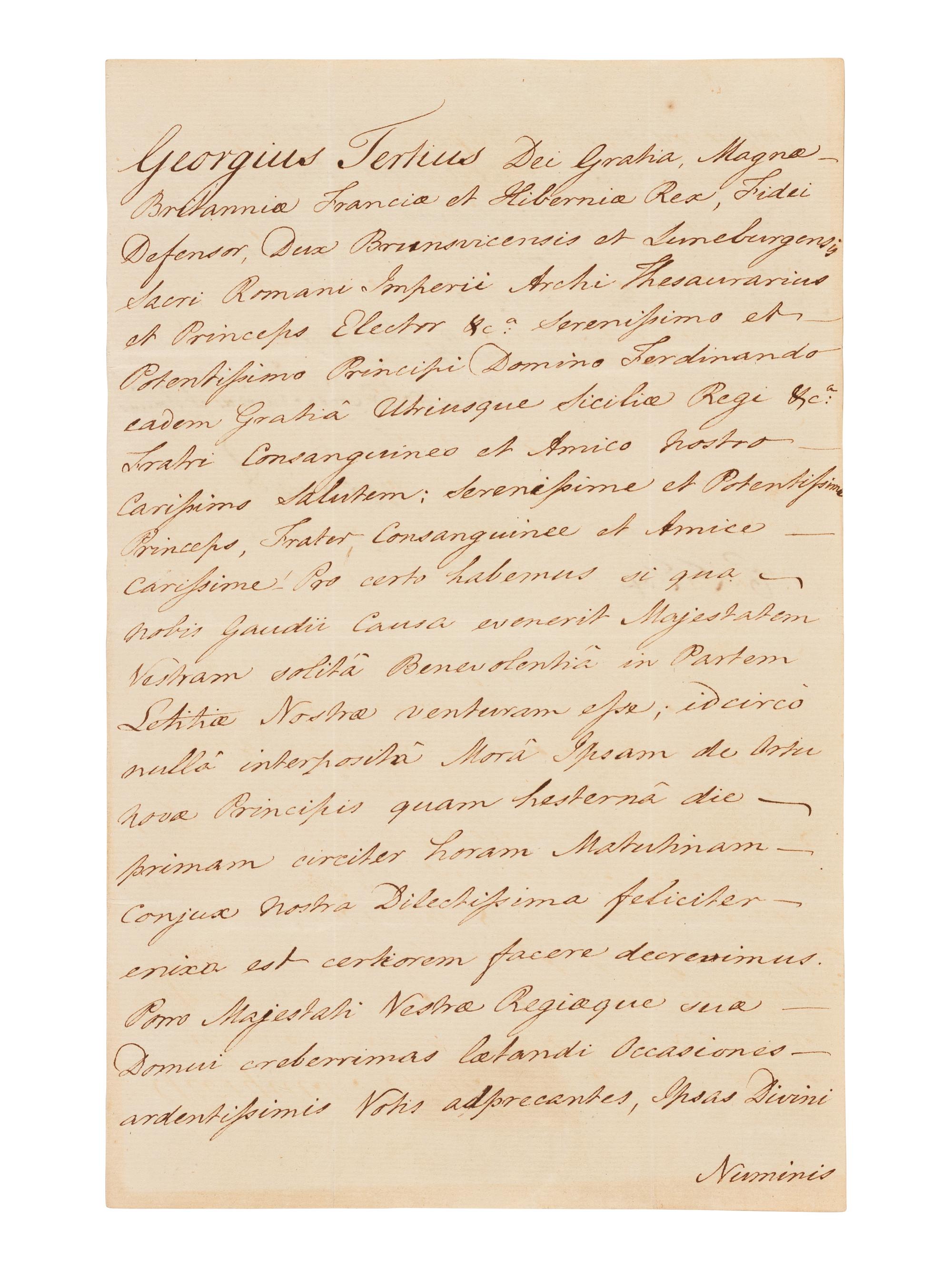 GEORGE III, King of England (1738-1820). Letter signed and subscribed ("Bonus Frater Consanguineus et Amicus Georgius R."), in Latin, to Ferdinand IV of Naples. St. James's Palace, 8 August, 1783. Countersigned by D. J. Fox.