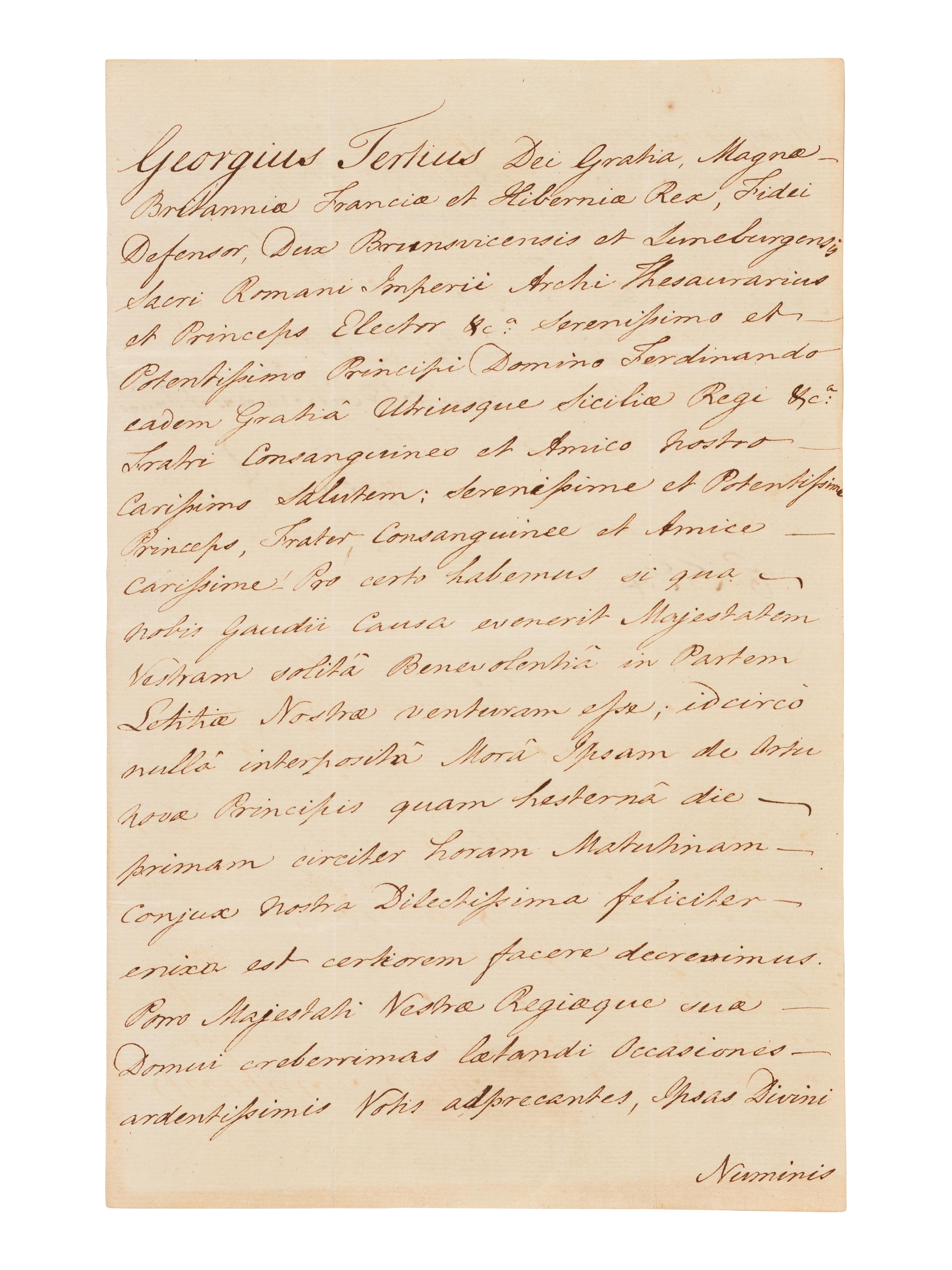 GEORGE III, King of England (1738-1820). Letter signed and subscribed ("Bonus Frater Consanguineus et Amicus Georgius R."), in Latin, to Ferdinand IV of Naples. St. James's Palace, 8 August, 1783. Countersigned by D. J. Fox.