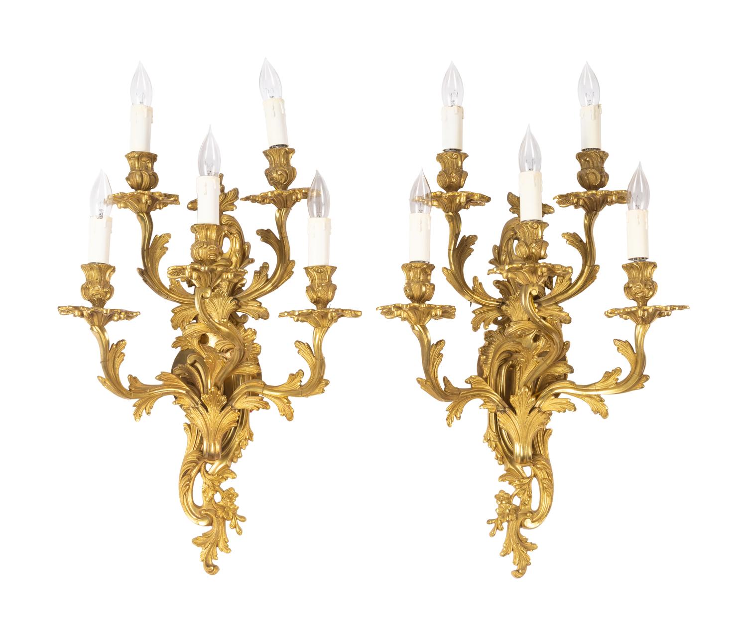 A Pair of Louis XV Style Gilt Metal Five-Light Sconces