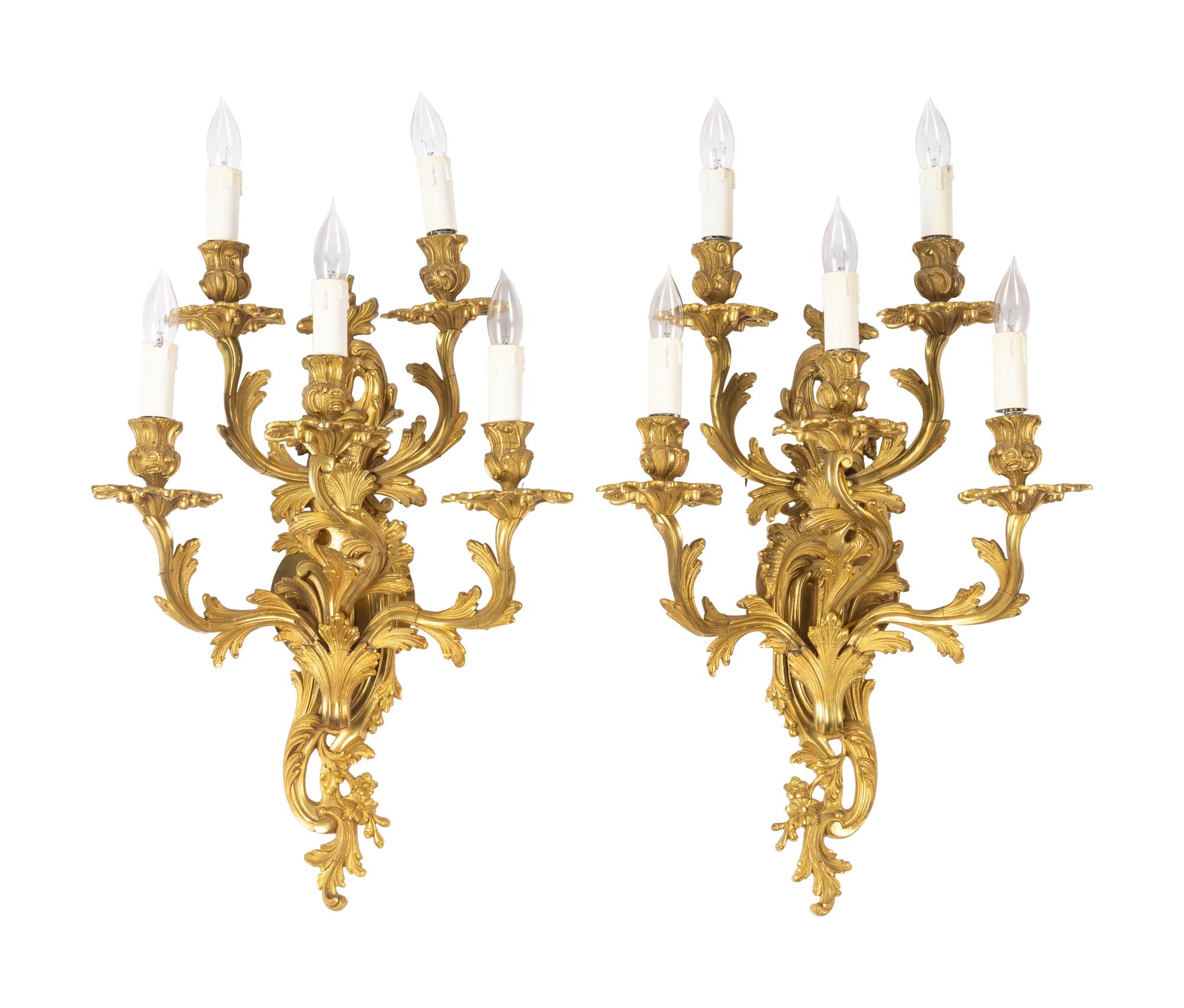 A Pair of Louis XV Style Gilt Metal Five-Light Sconces