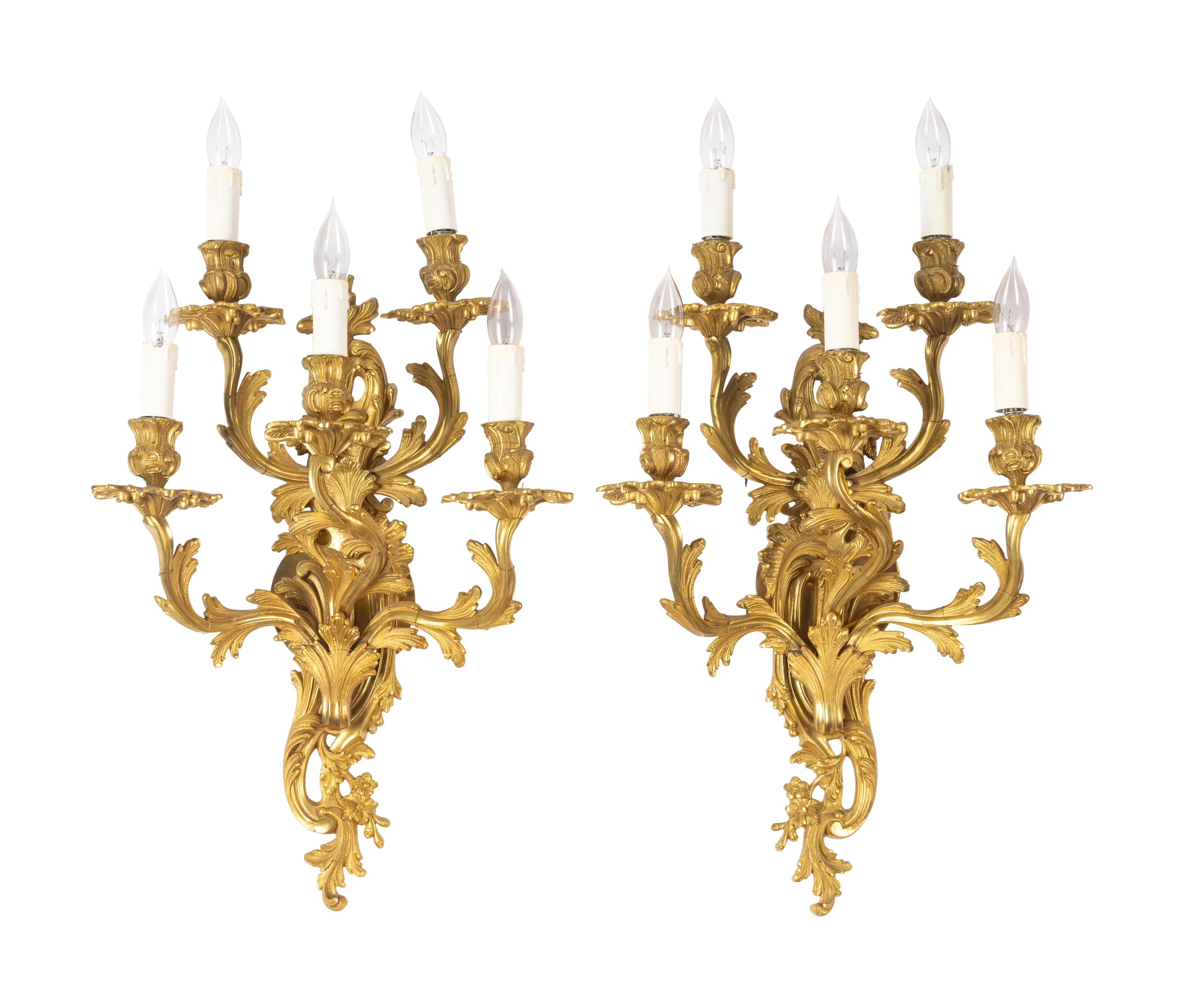 A Pair of Louis XV Style Gilt Metal Five-Light Sconces