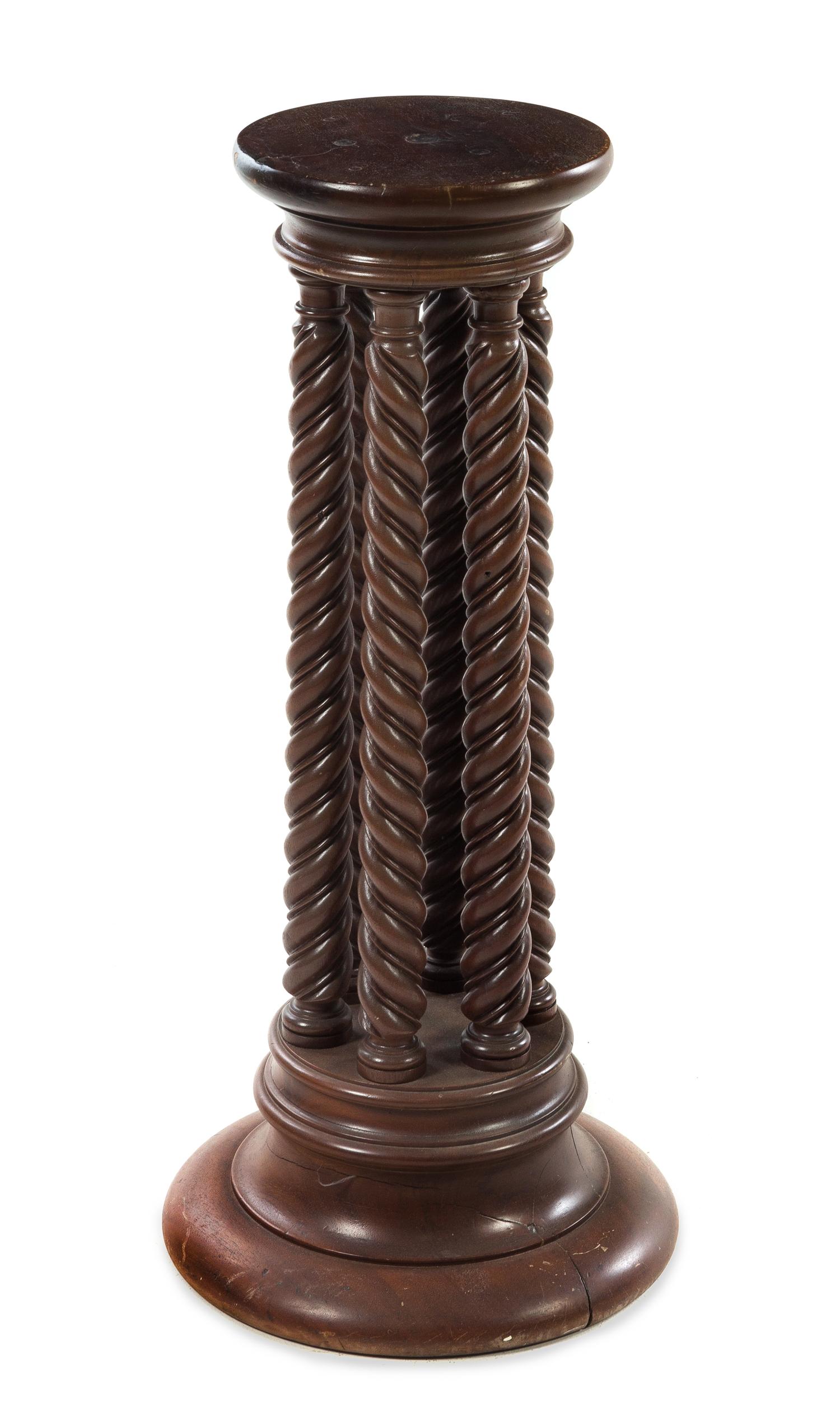 A Turned Wood Pedestal Height 31 1/8 x diameter of top 9 1/2 inches. — 20TH CENTURY