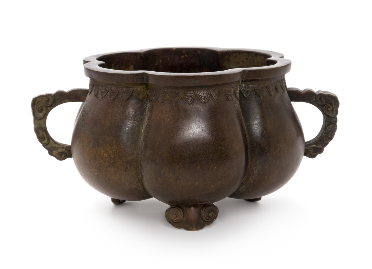 A Chinese Bronze Ruyi Handled Censer Diameter 6 inches. — 20TH CENTURY
