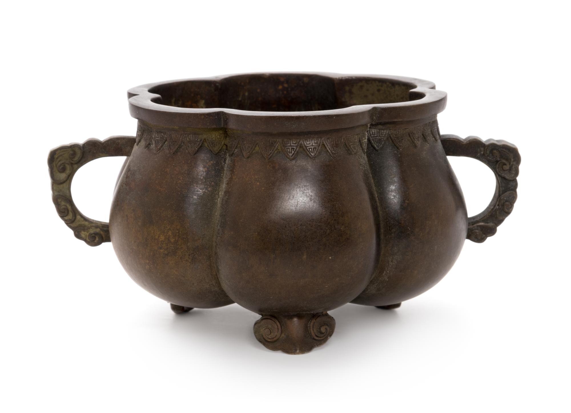 A Chinese Bronze Ruyi Handled Censer Diameter 6 inches. — 20TH CENTURY