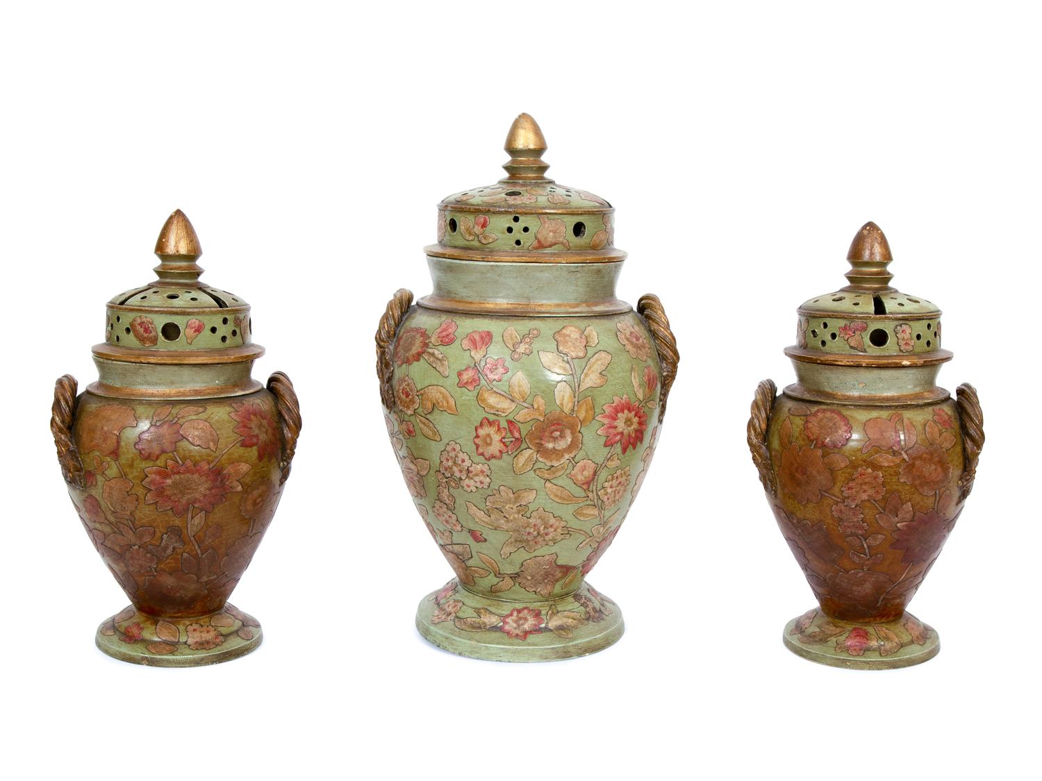 A Continental Green Glazed Ceramic and Canvas Appliqué Vase Garniture