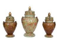 A Continental Green Glazed Ceramic and Canvas Appliqué Vase Garniture