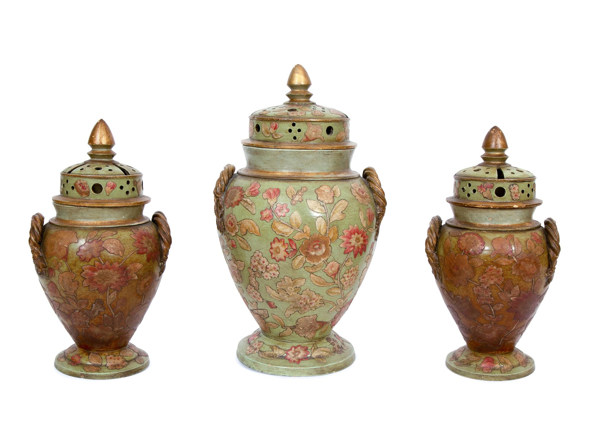 A Continental Green Glazed Ceramic and Canvas Appliqué Vase Garniture