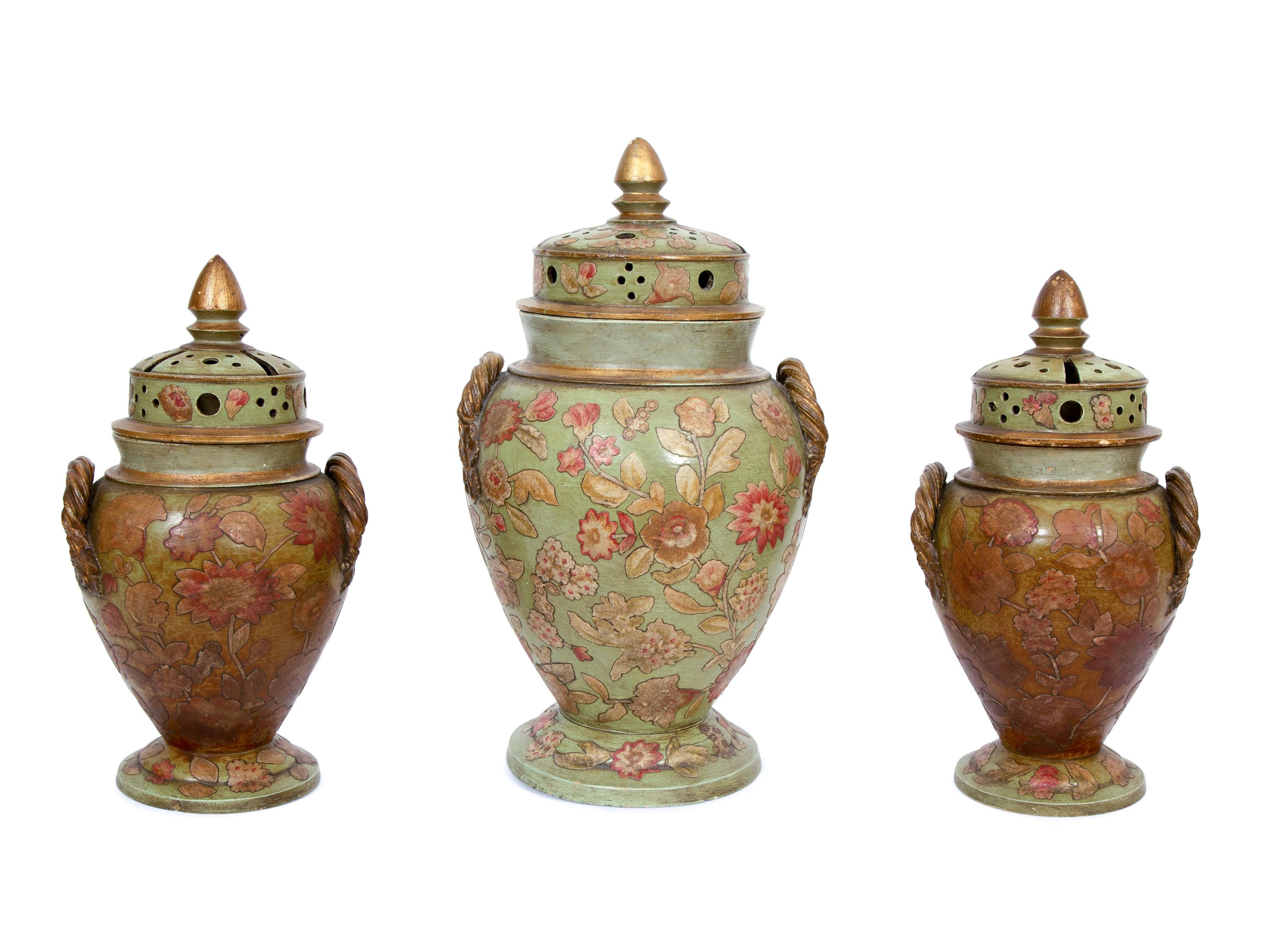 A Continental Green Glazed Ceramic and Canvas Appliqué Vase Garniture