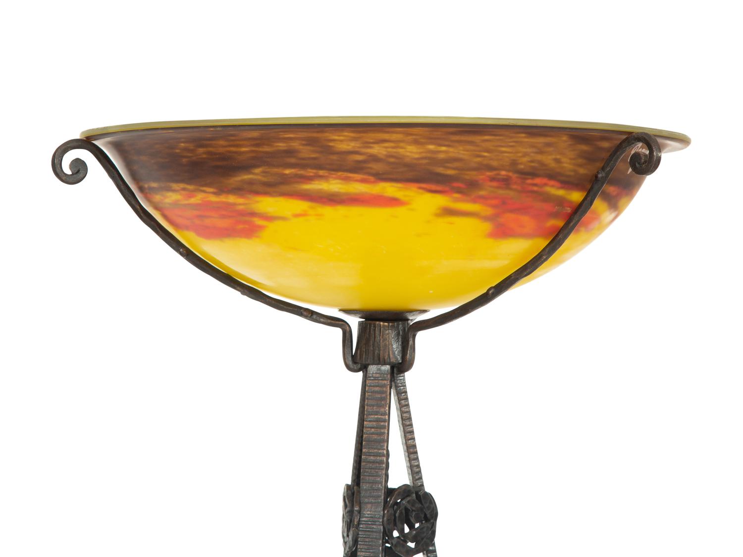 An Art Deco Wrought Iron and Glass Torchère by Degue