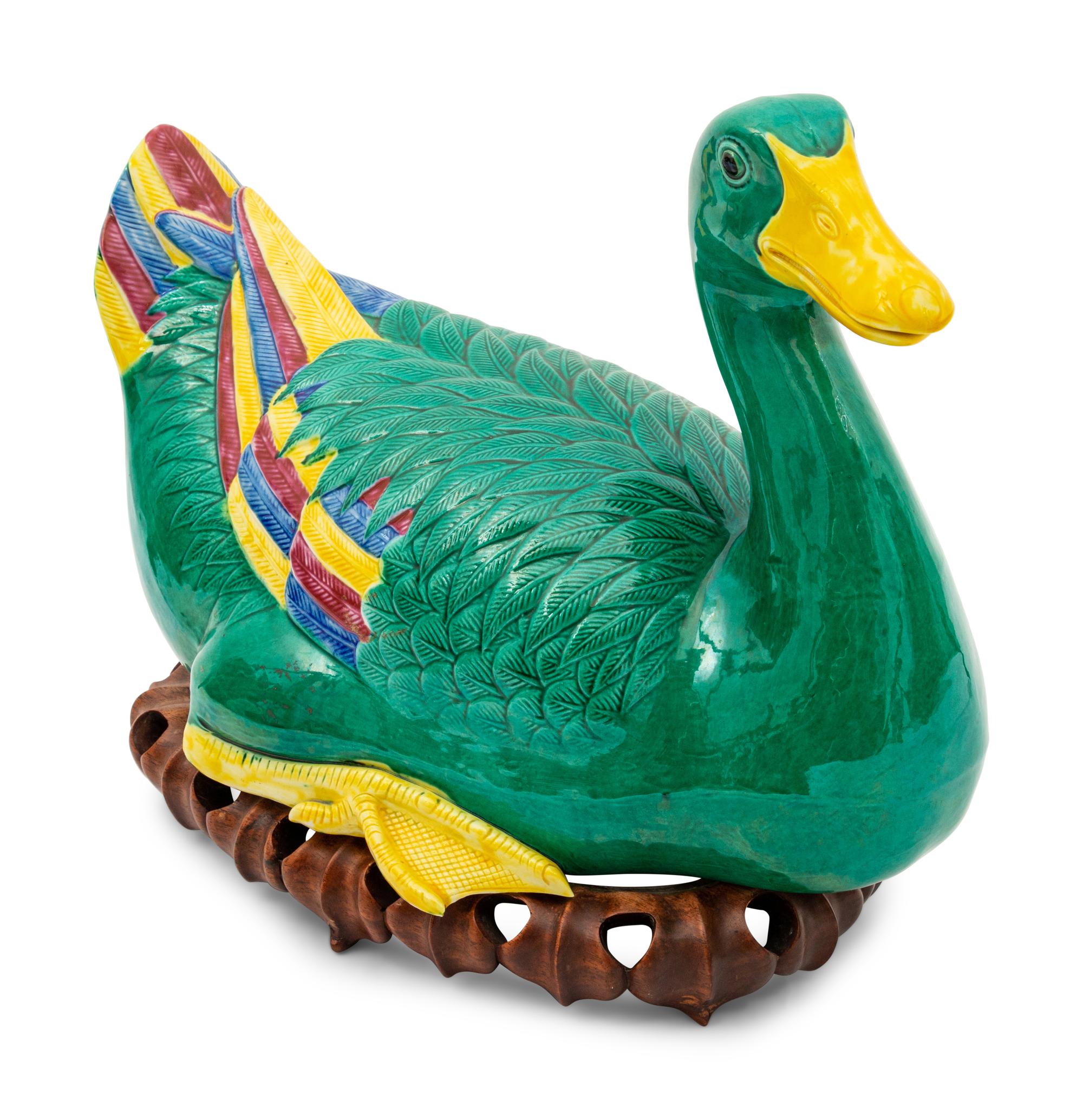 A Group of Chinese Porcelain Roosters and a Duck