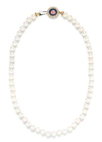 An 18 Karat Yellow Gold, Cultured Pearl and Enamel Necklace,