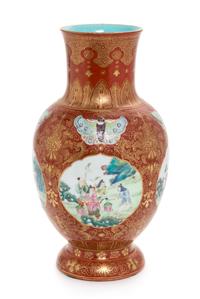 A Chinese Gilt Decorated Coral Red Ground Famille Rose Porcelain Vase