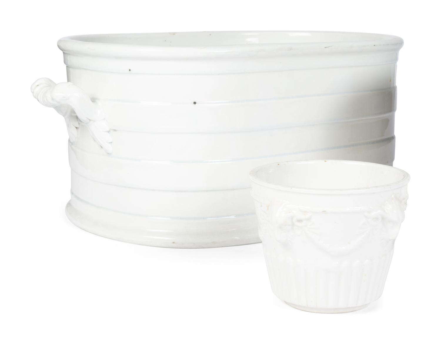 A Large Creamware Basin and Four Similar Jardinières
