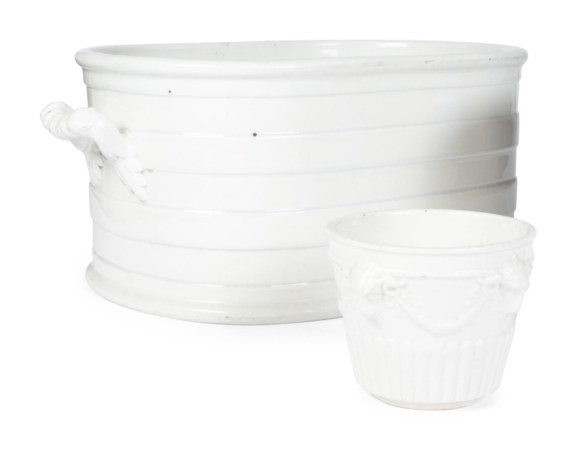 A Large Creamware Basin and Four Similar Jardinières