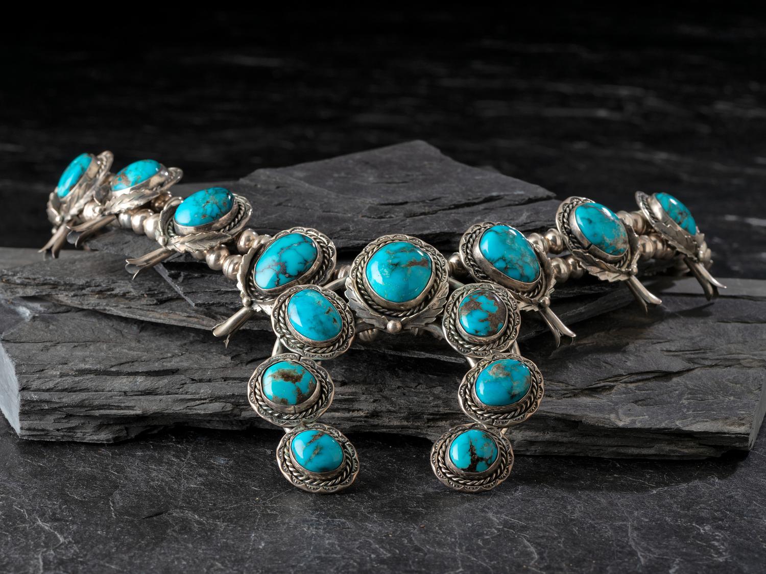 Navajo Silver and Turquoise Squash Blossom Necklace