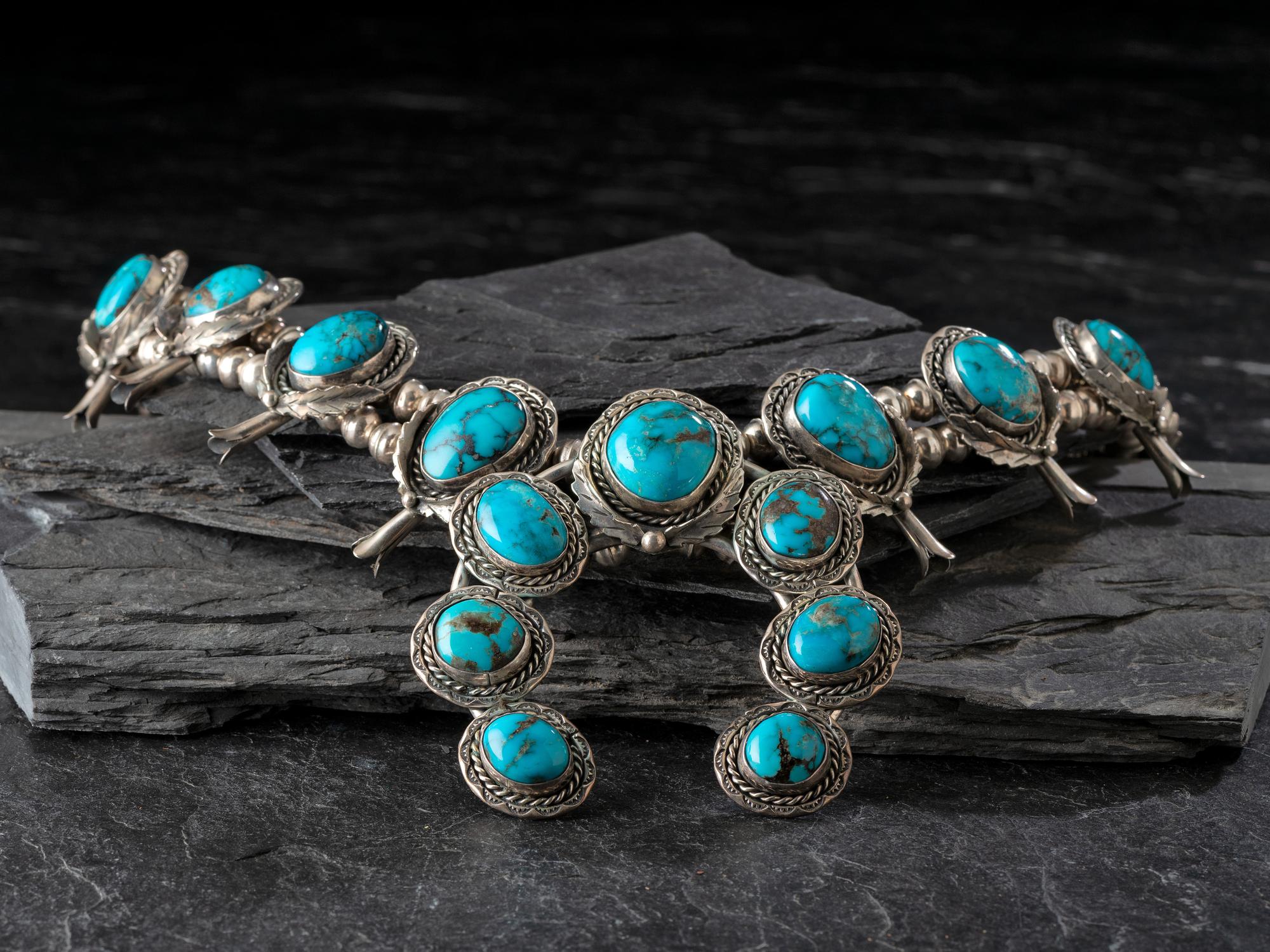 Navajo Silver and Turquoise Squash Blossom Necklace