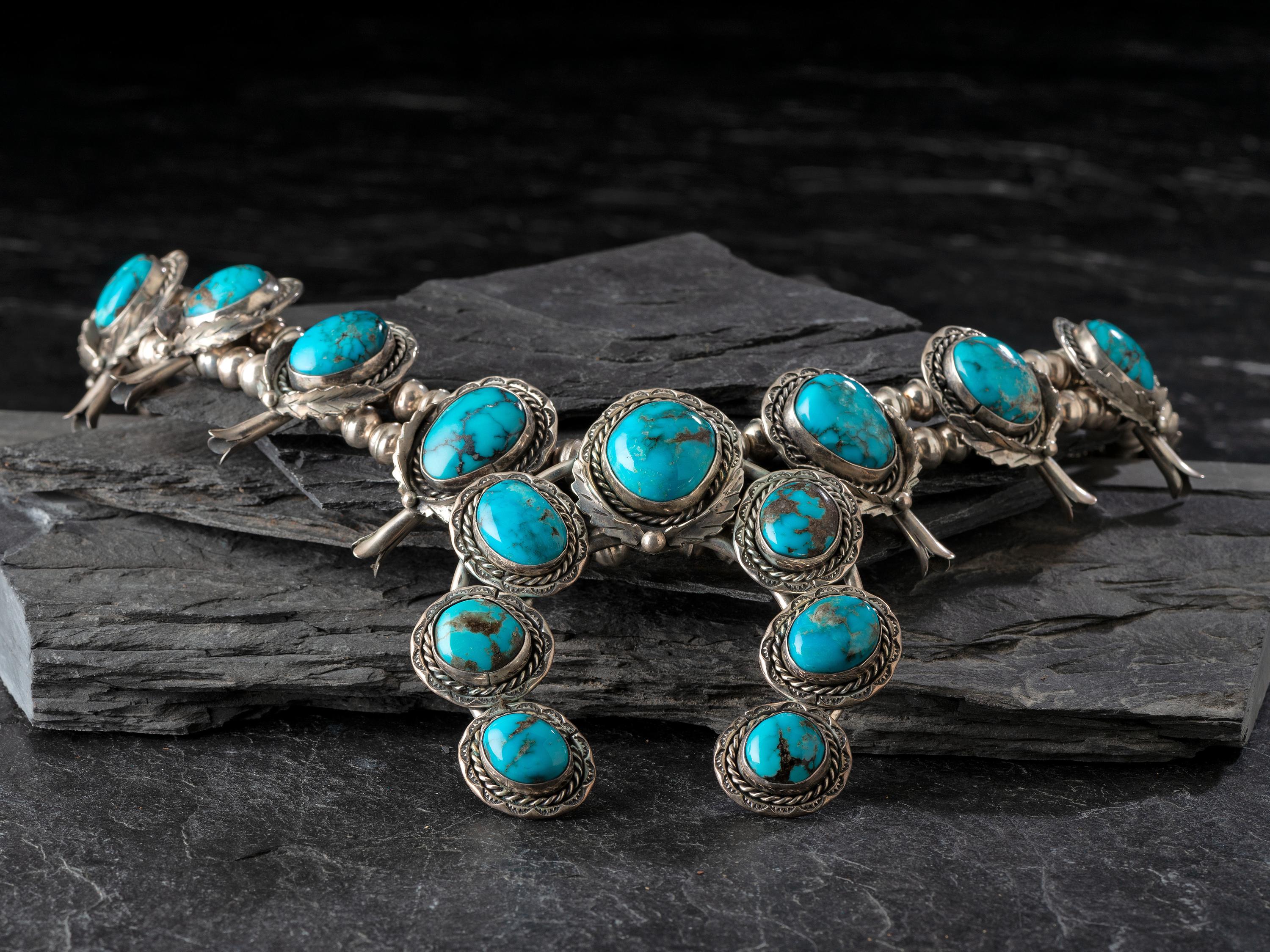 Navajo Silver and Turquoise Squash Blossom Necklace