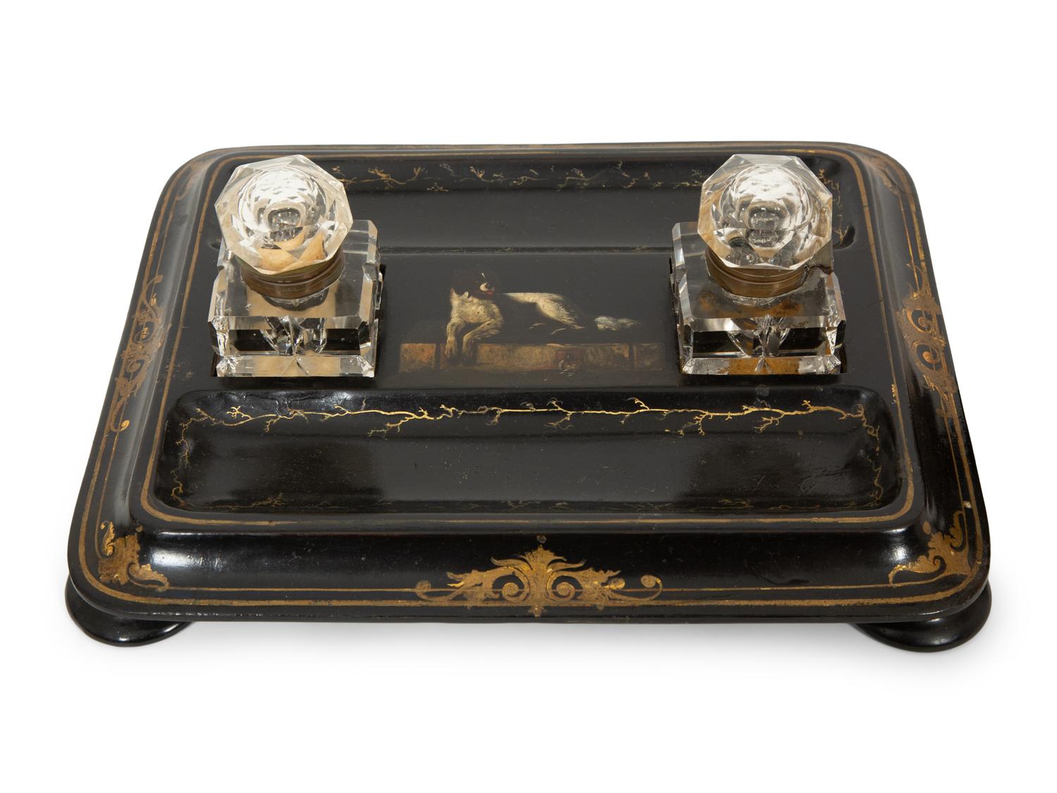 An English Black and Gilt Lacquered Papier Mache Standish and Letter Stand by Jennens and Bettridge