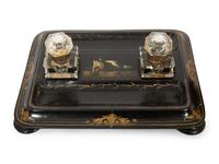 An English Black and Gilt Lacquered Papier Mache Standish and Letter Stand by Jennens and Bettridge