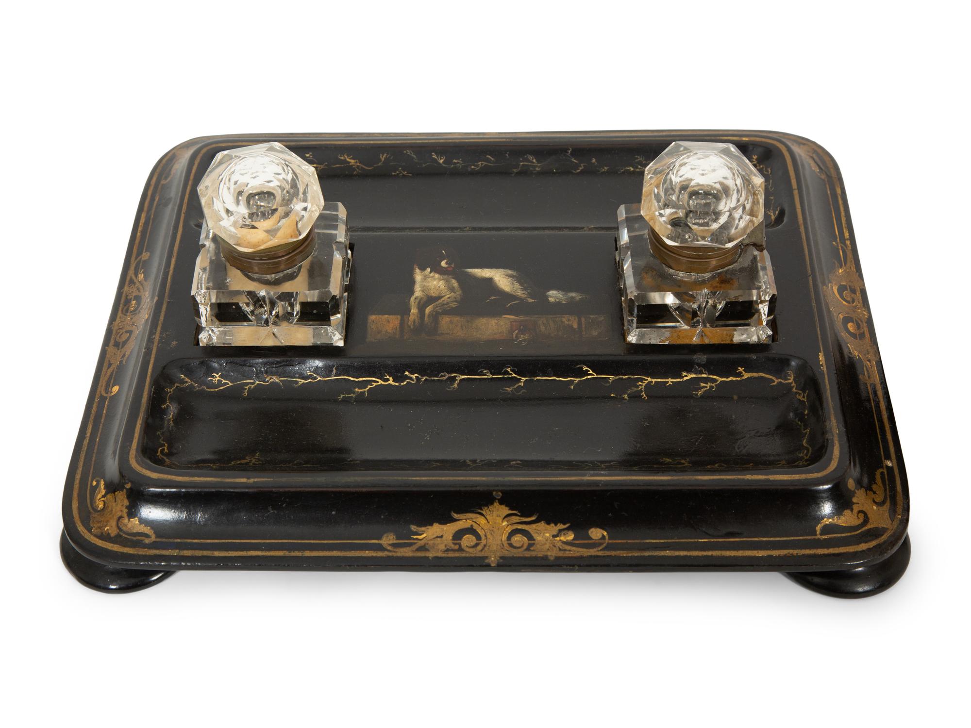 An English Black and Gilt Lacquered Papier Mache Standish and Letter Stand by Jennens and Bettridge