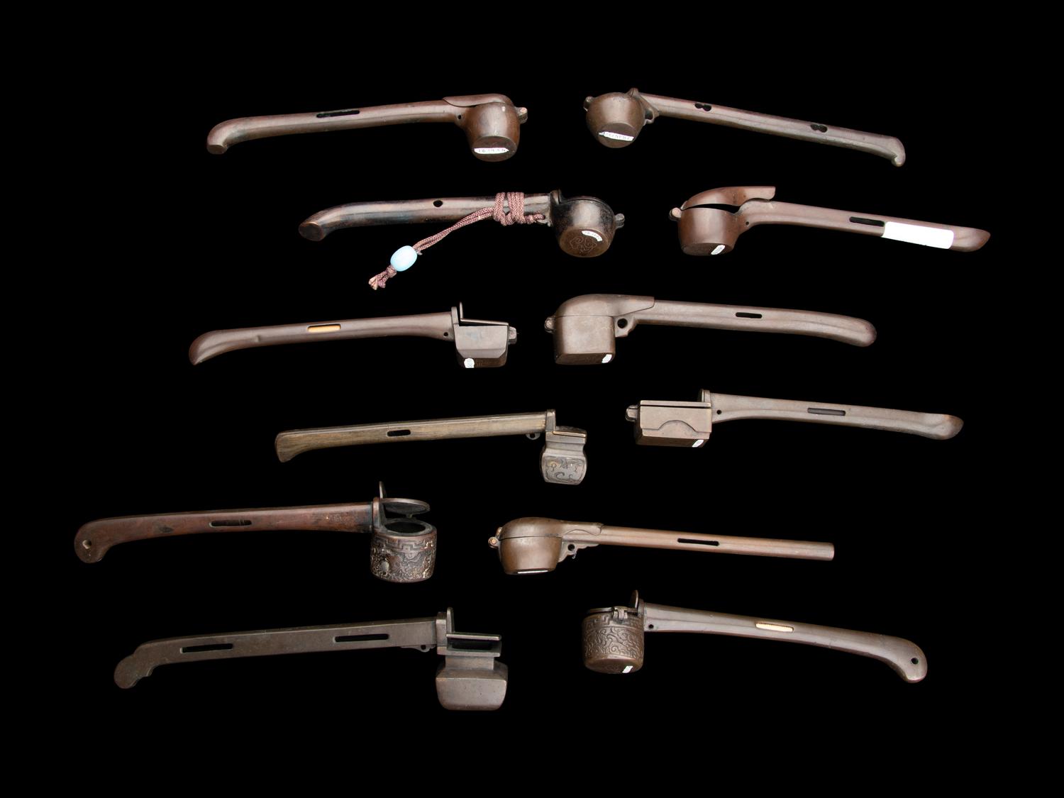 12 Japanese Silver Inlaid Bronze Portable Writing Sets, Yatate