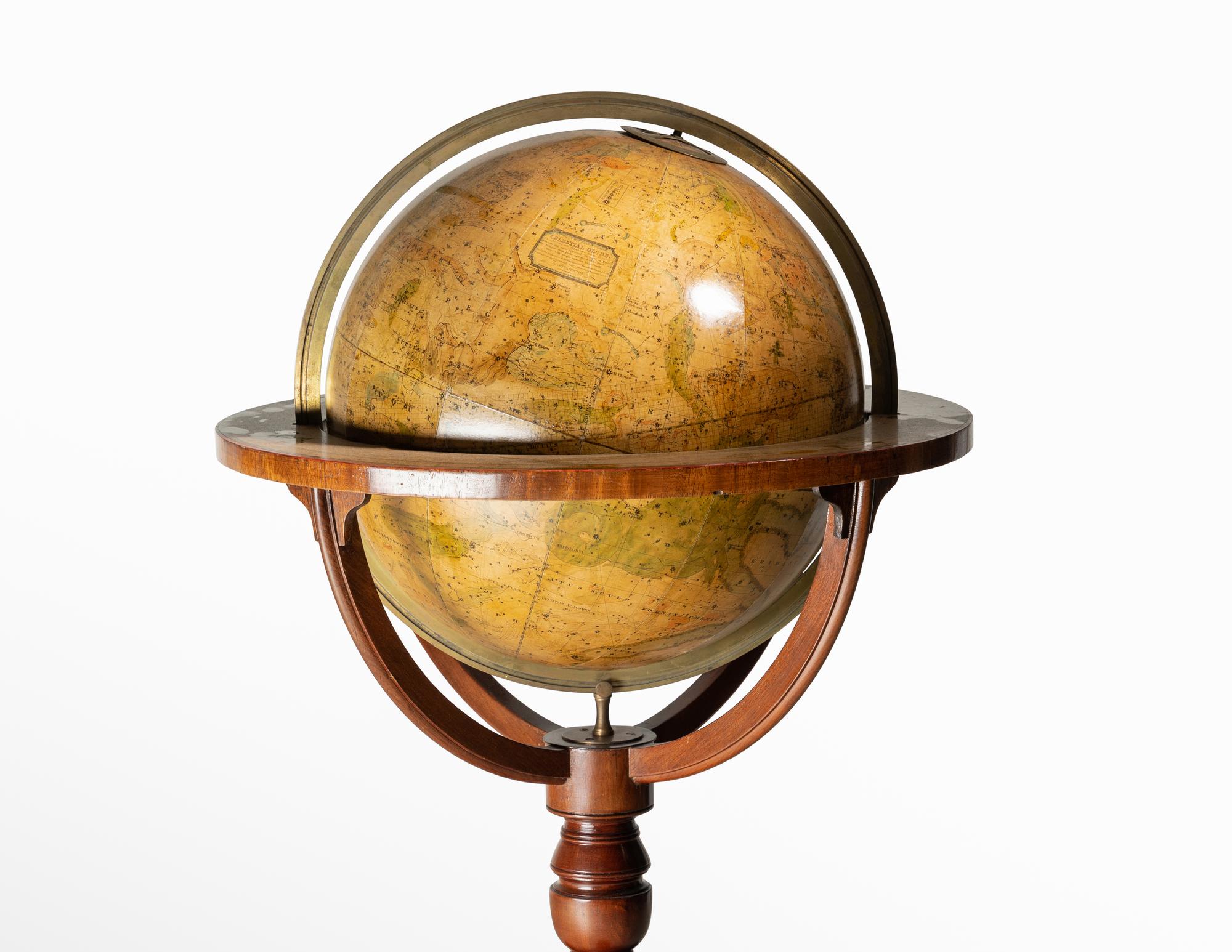 A Pair of Regency Mahogany Terrestrial and Celestial Fifteen-Inch Library Globes