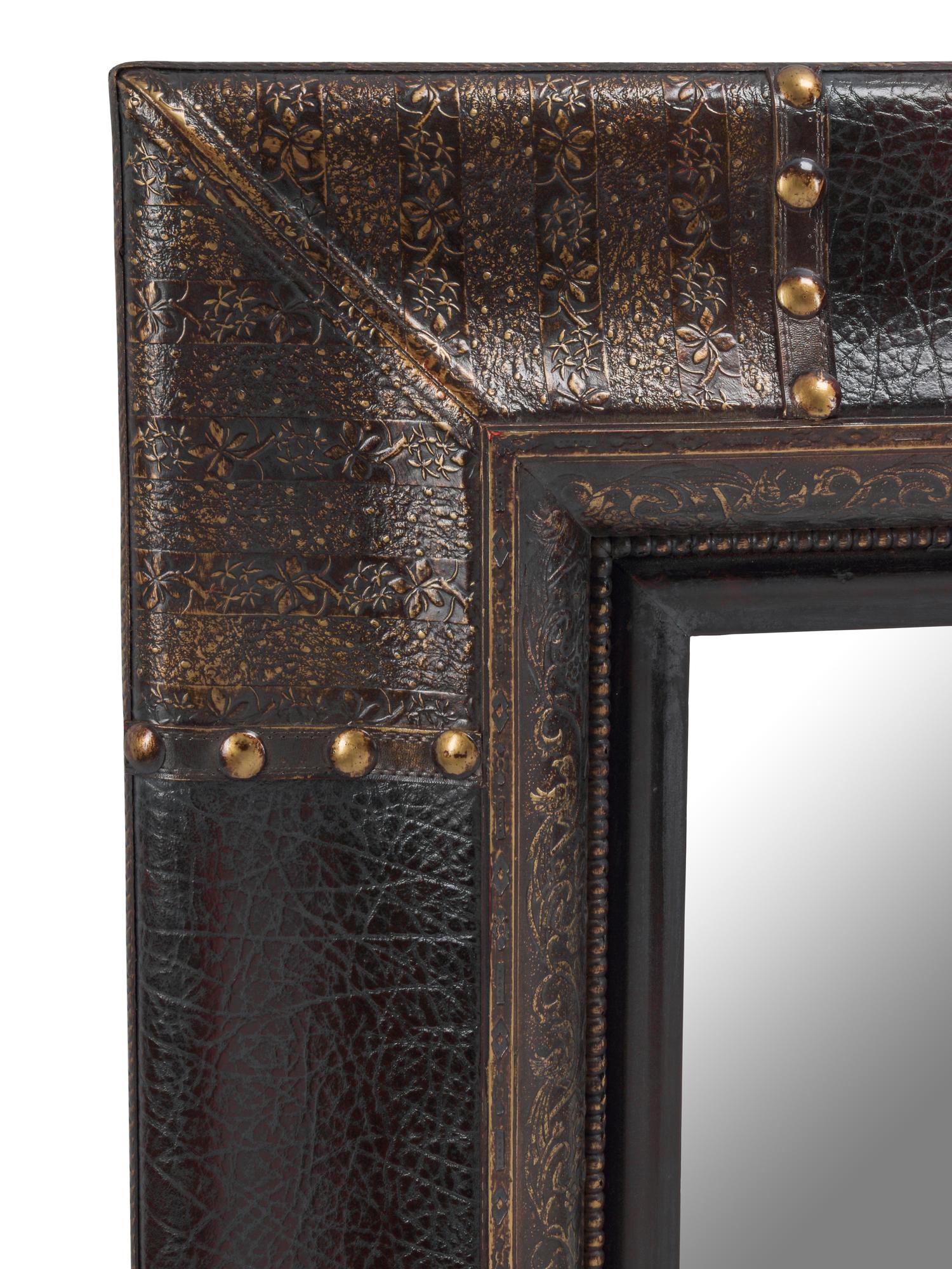 A Pair of Portuguese Style Embossed and Parcel-Gilt Leather Mirrors
