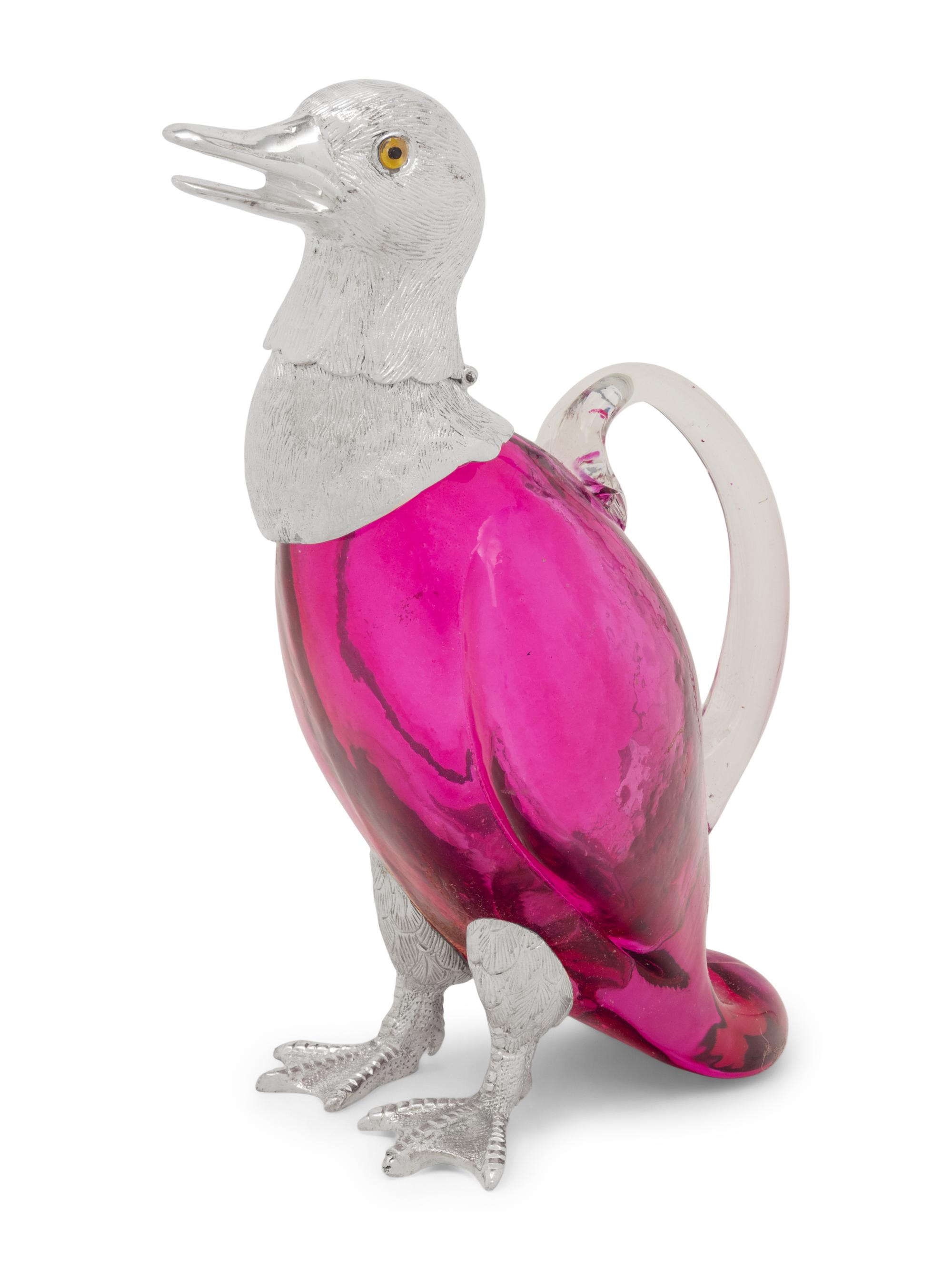 A Silver-Plate and Pink Glass Duck Decanter